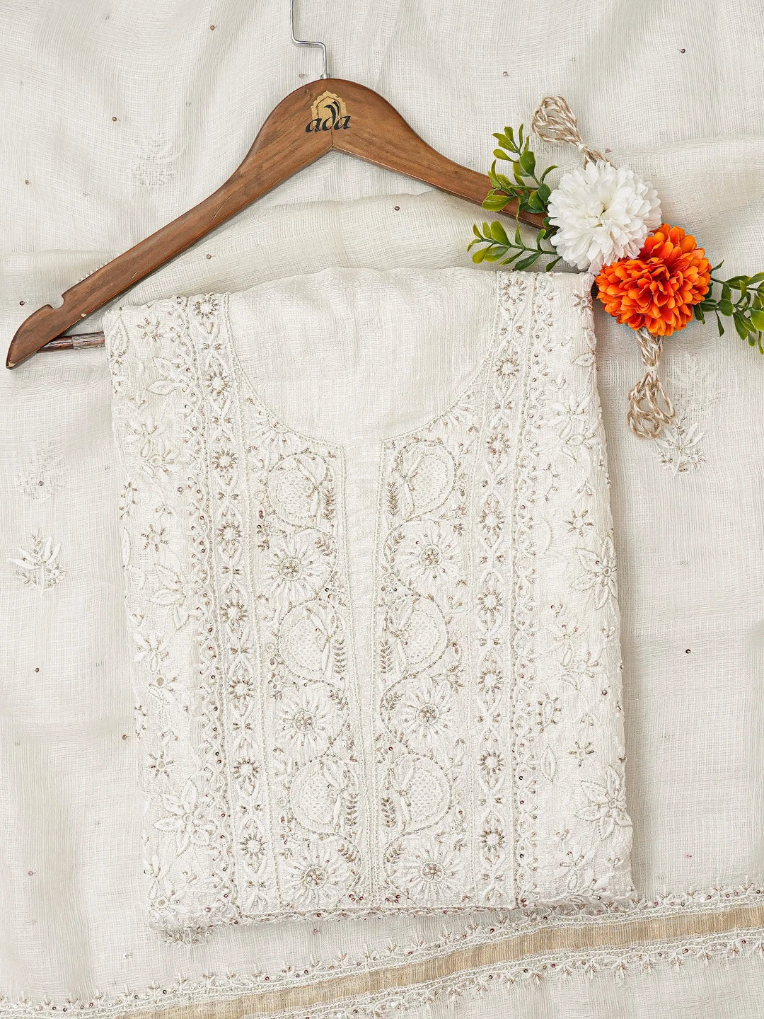 Ada Hand Embroidered White Kota Silk Lucknowi Chikankari Unstitched Kurta Dupatta Set With Pearl Work 01A664941