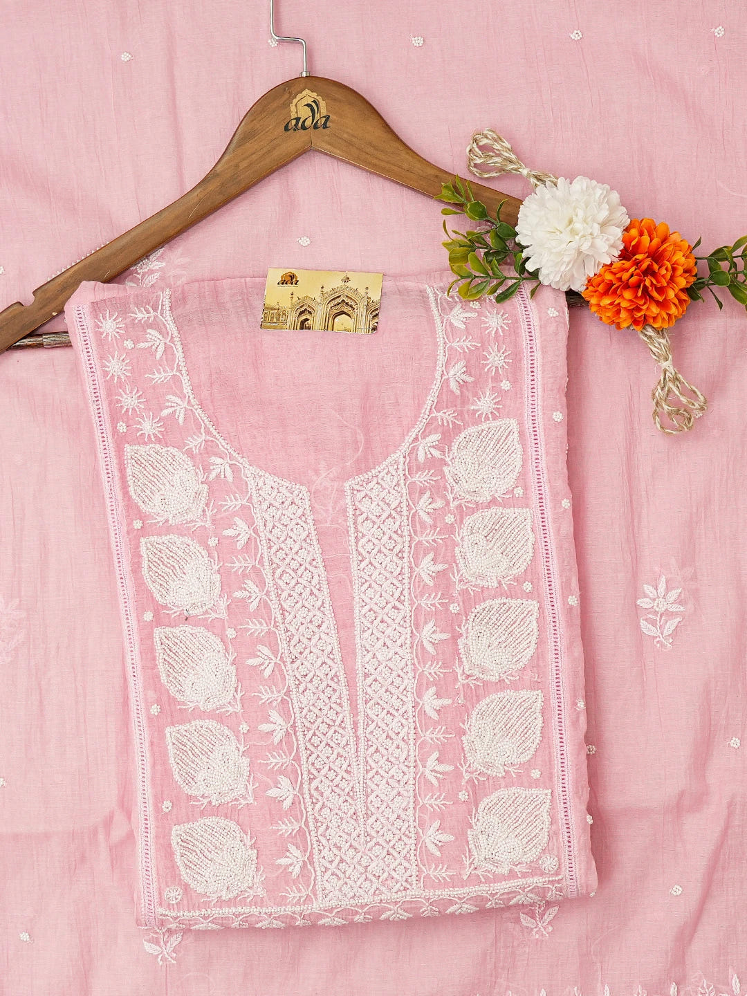 Ada Hand Embroidered Pink Chanderi Lucknowi Chikankari Semi-Stitched Kurta Dupatta Set With Pearl Work 01A700384