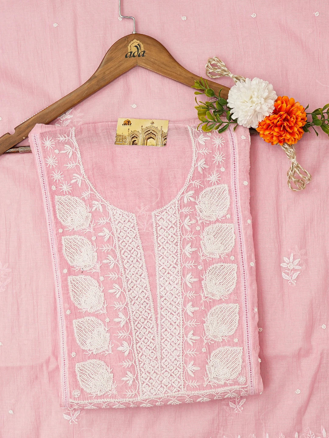Ada Hand Embroidered Pink Chanderi Lucknowi Chikankari Semi-Stitched Kurta Dupatta Set With Pearl Work 01A700384