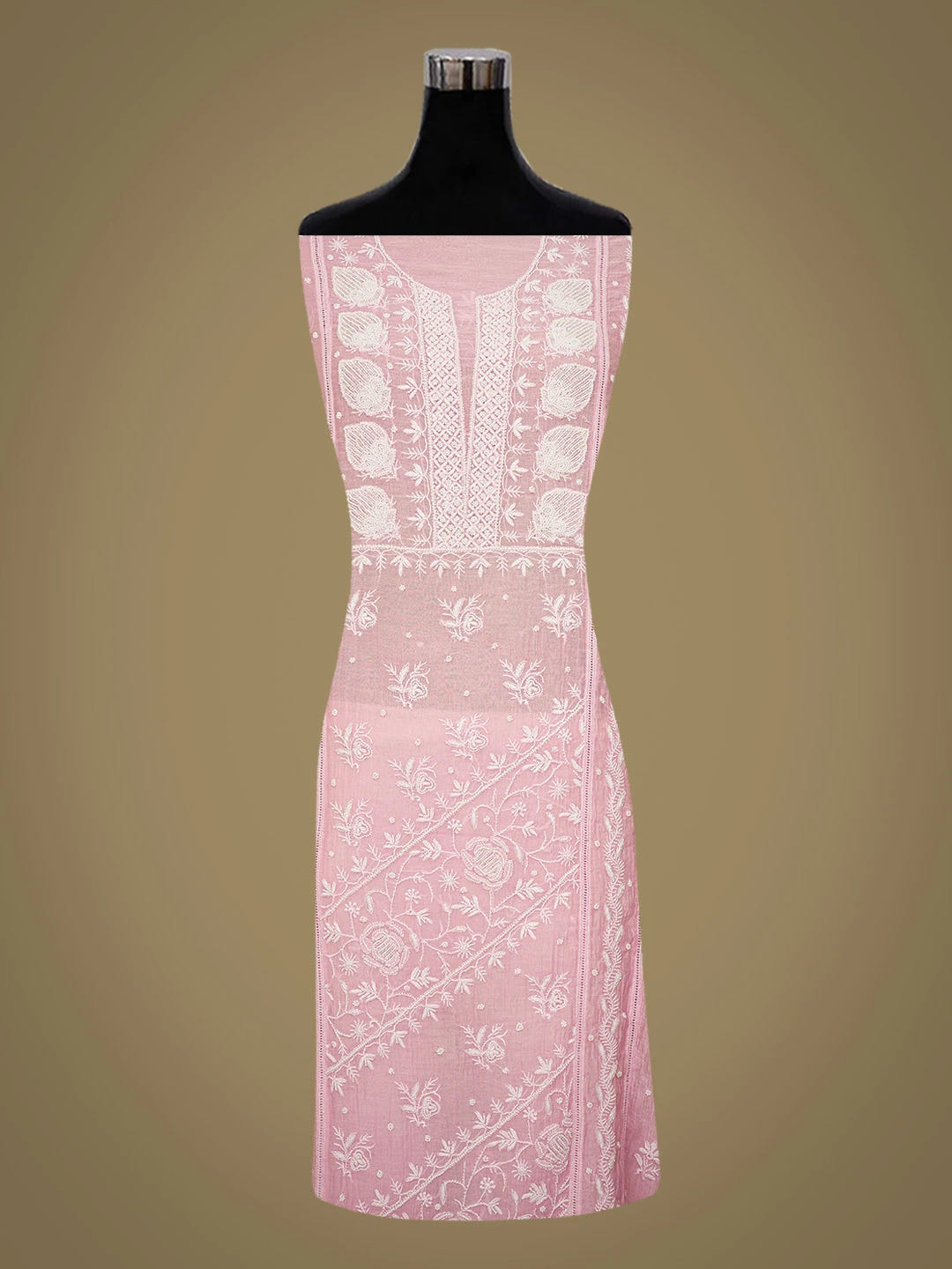 Ada Hand Embroidered Pink Chanderi Lucknowi Chikankari Semi-Stitched Kurta Dupatta Set With Pearl Work 01A700384
