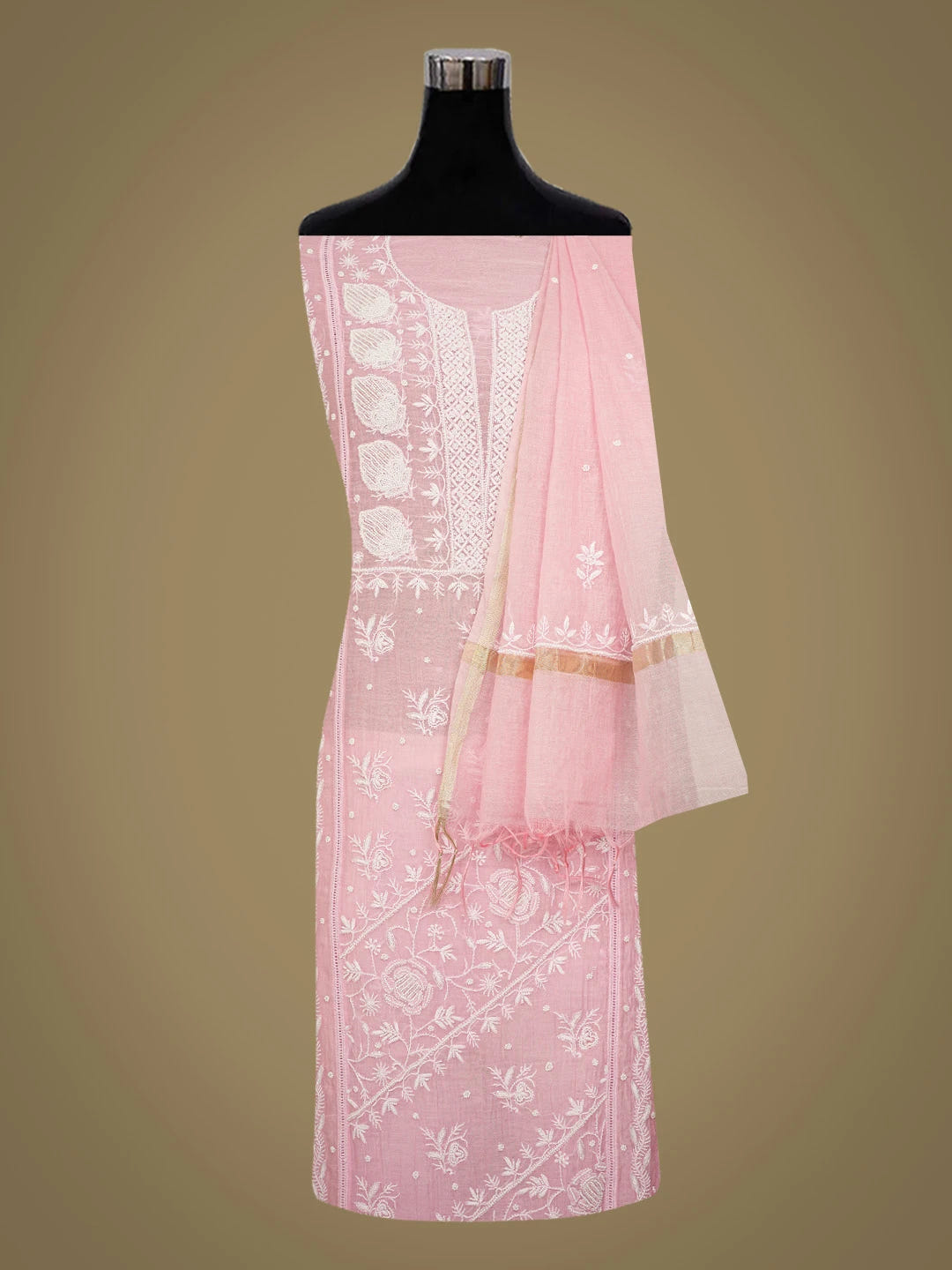 Ada Hand Embroidered Pink Chanderi Lucknowi Chikankari Semi-Stitched Kurta Dupatta Set With Pearl Work 01A700384