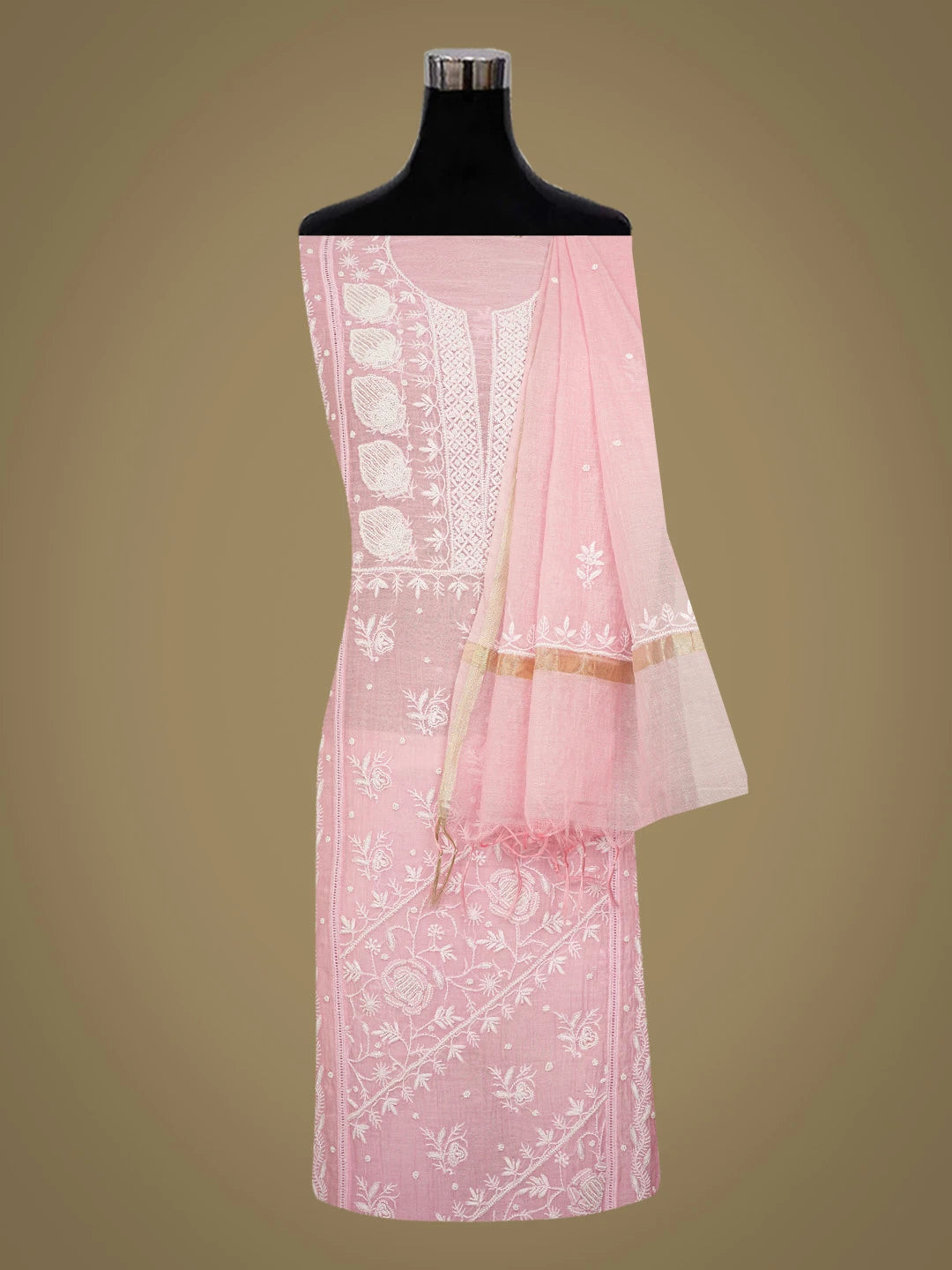 Ada Hand Embroidered Pink Chanderi Lucknowi Chikankari Semi-Stitched Kurta Dupatta Set With Pearl Work 01A700384