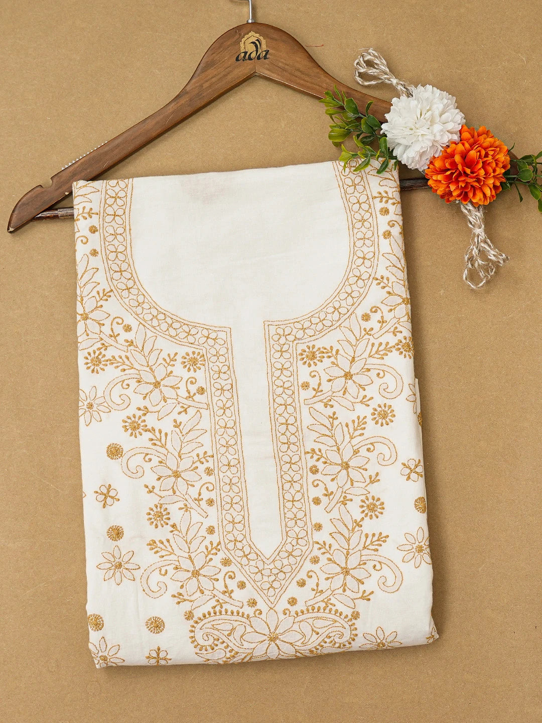Ada Hand Embroidered White Cotton Lucknowi Chikankari Unstitched Kurta Piece 01A707635