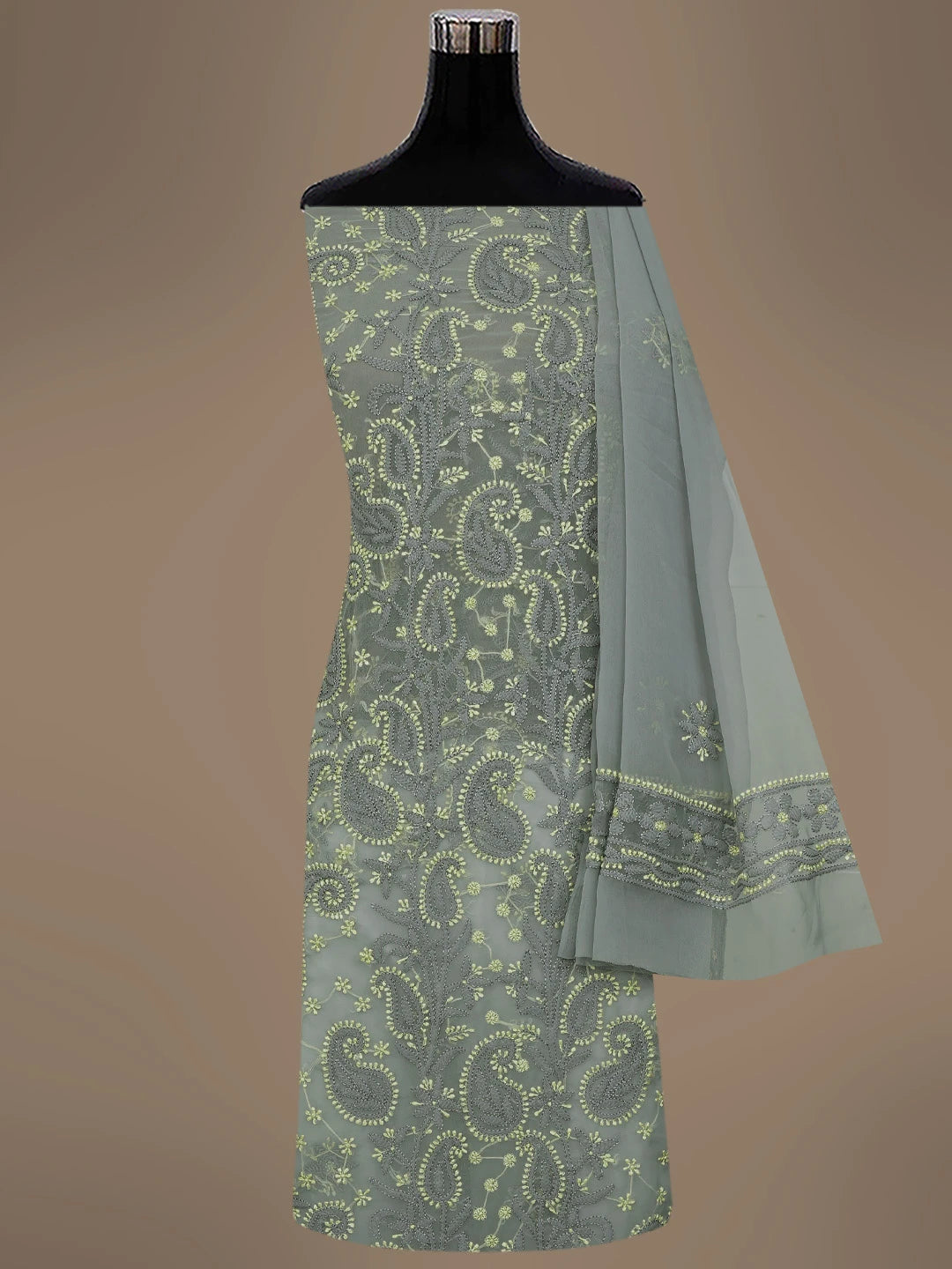Ada Hand Embroidered Grey Georgette Lucknowi Chikankari Unstitched Suit Piece 01A711200