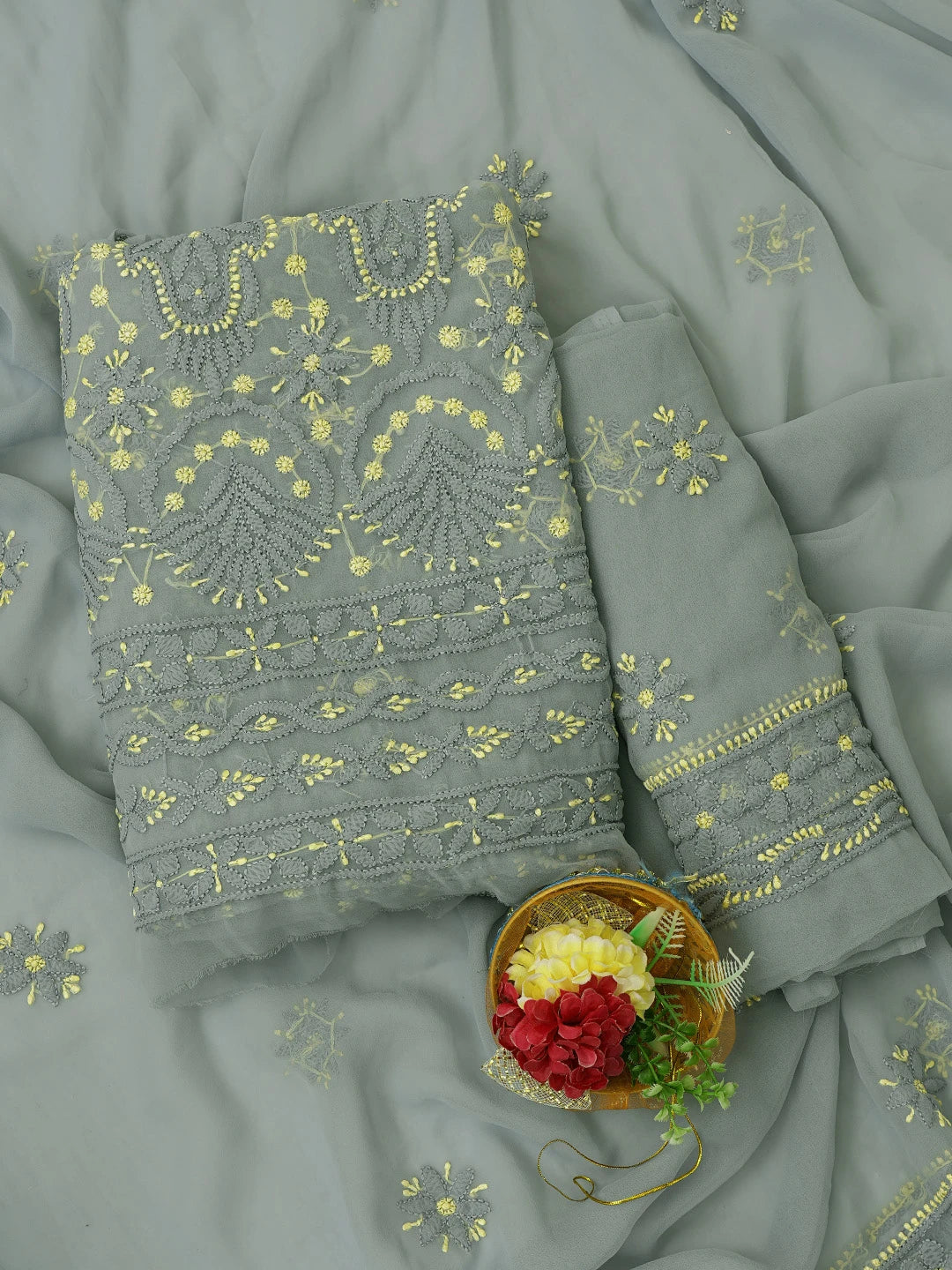 Ada Hand Embroidered Grey Georgette Lucknowi Chikankari Unstitched Suit Piece 01A711200