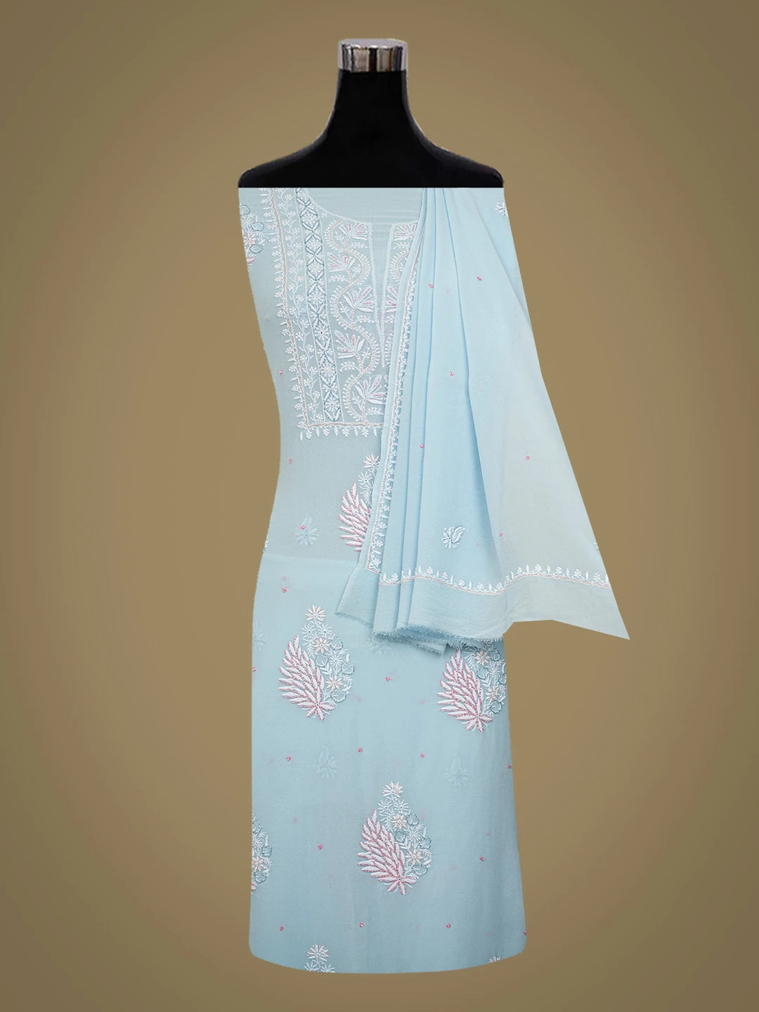 Ada Hand Embroidered Sky Blue Pure Georgette Lucknowi Chikankari Unstitched Kurta Dupatta Set With Cutdana Work 01A240631
