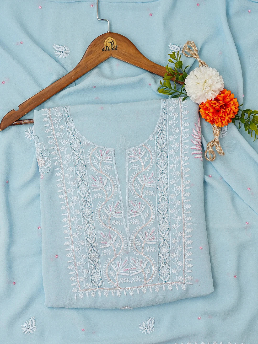 Ada Hand Embroidered Sky Blue Pure Georgette Lucknowi Chikankari Unstitched Kurta Dupatta Set With Cutdana Work 01A240631