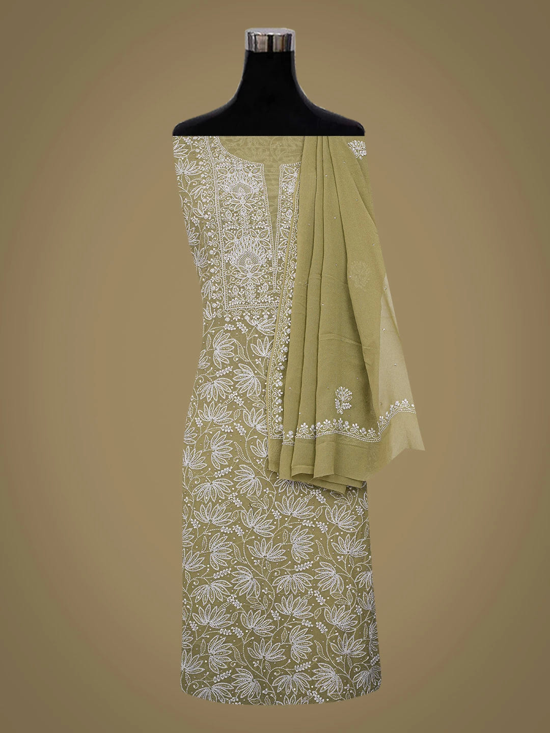 Ada Hand Embroidered Mehandi Green Pure Georgette Lucknowi Chikankari Unstitched Kurta Dupatta Set With Cutdana Work 01A662253