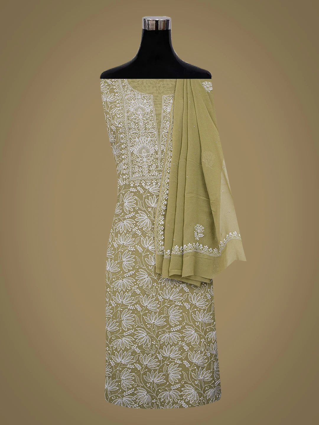 Ada Hand Embroidered Mehandi Green Pure Georgette Lucknowi Chikankari Unstitched Kurta Dupatta Set With Cutdana Work 01A662253