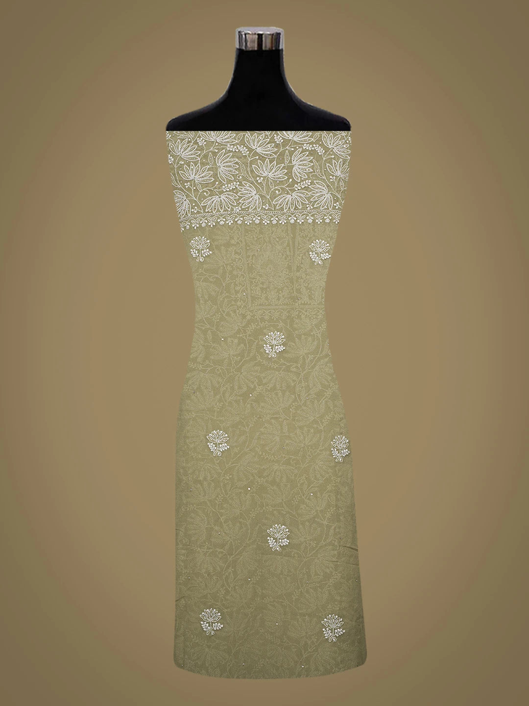 Ada Hand Embroidered Mehandi Green Pure Georgette Lucknowi Chikankari Unstitched Kurta Dupatta Set With Cutdana Work 01A662253