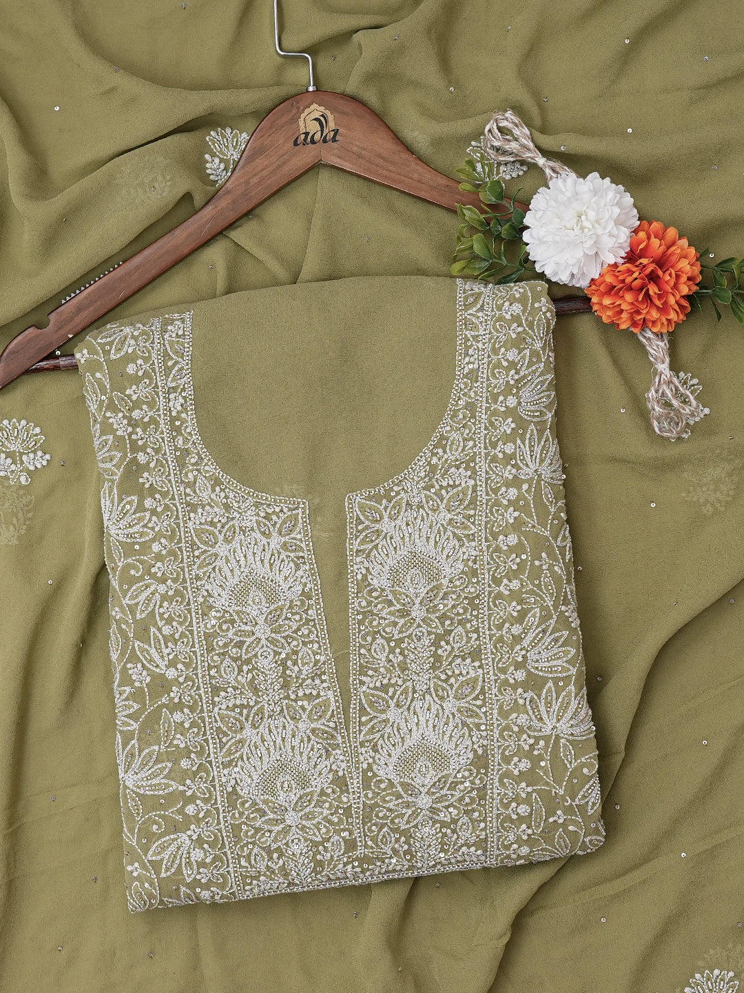 Ada Hand Embroidered Mehandi Green Pure Georgette Lucknowi Chikankari Unstitched Kurta Dupatta Set With Cutdana Work 01A662253