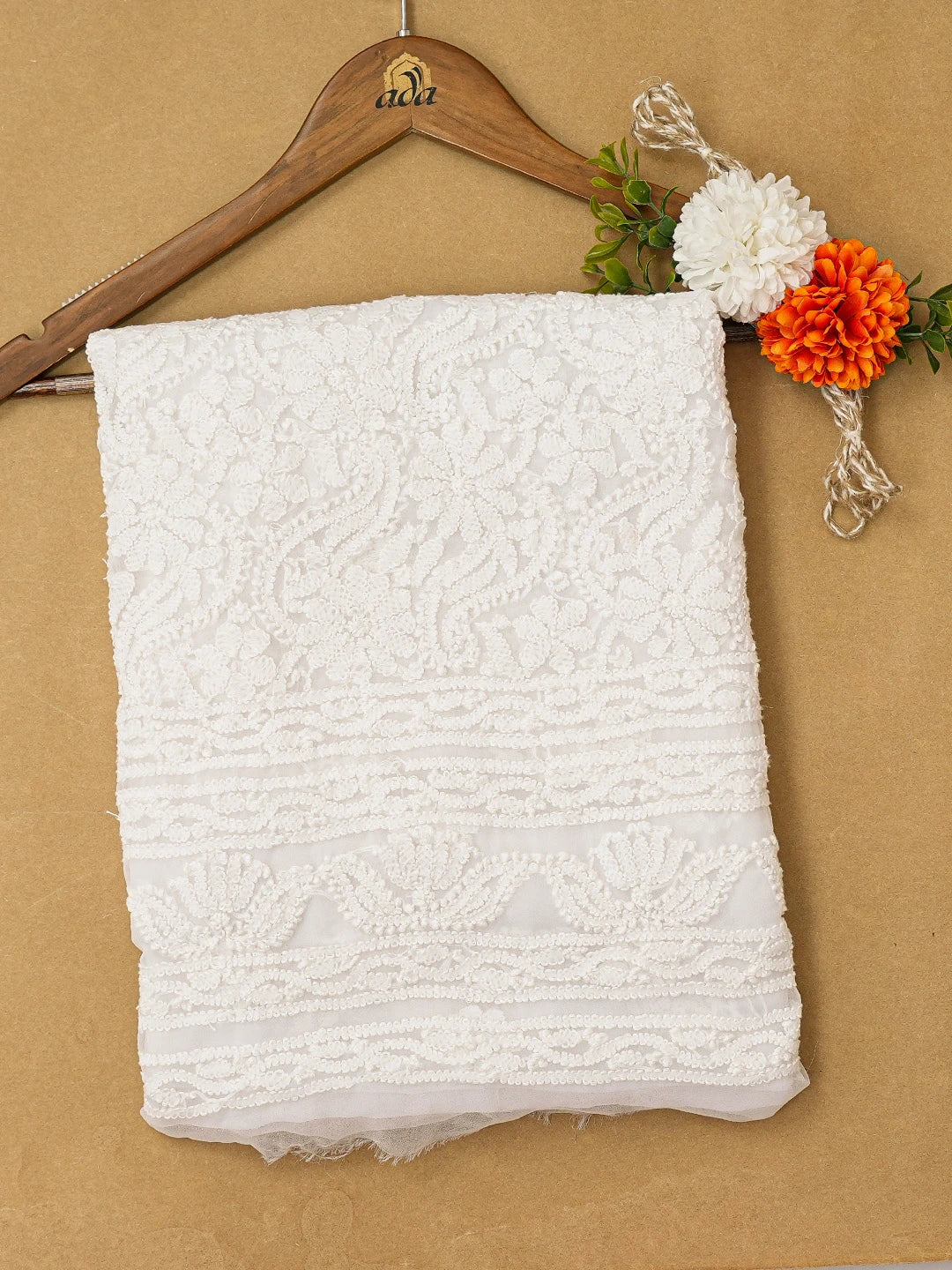 Ada Hand Embroidered White Georgette Lucknowi Chikankari Unstitched Kurta Piece 01A614077