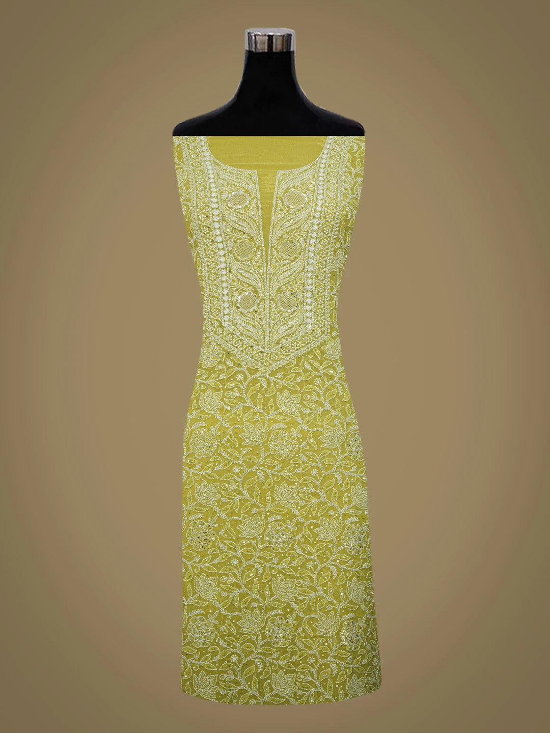Ada Hand Embroidered Asparagus Green Pure Georgette Lucknowi Chikankari Unstitched Kurta Dupatta Set With Cutdana Work 01A682607