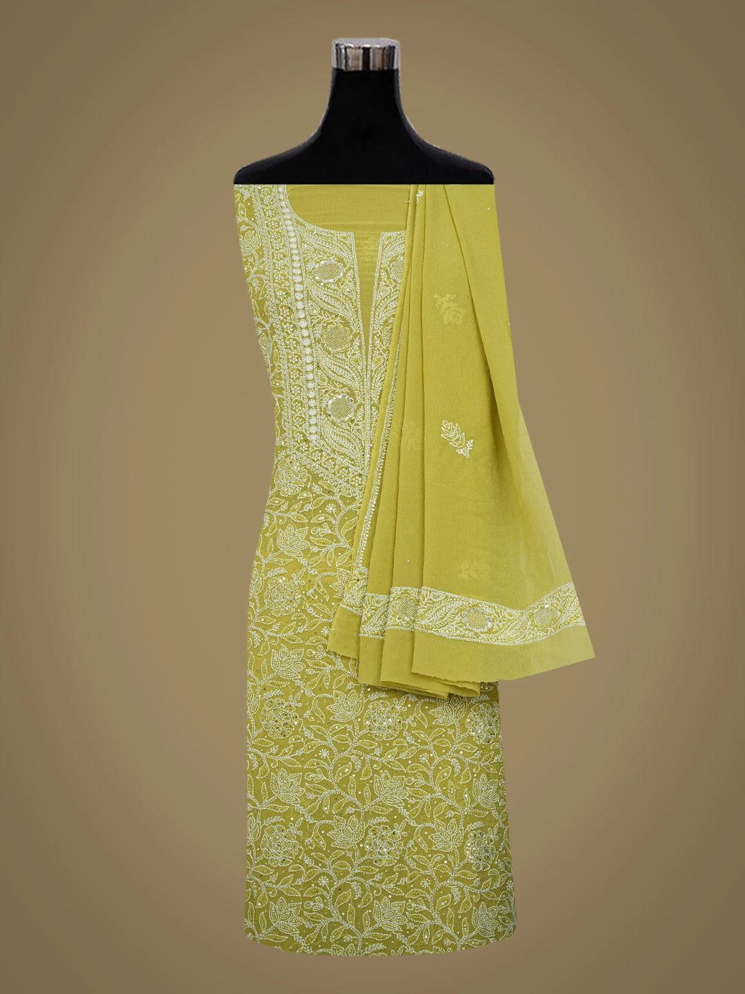 Ada Hand Embroidered Asparagus Green Pure Georgette Lucknowi Chikankari Unstitched Kurta Dupatta Set With Cutdana Work 01A682607