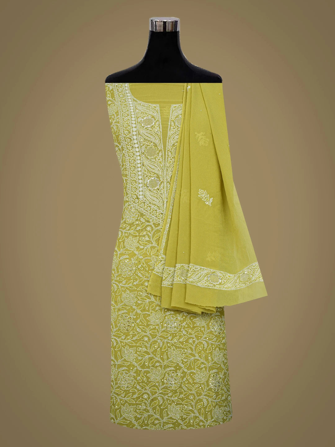 Ada Hand Embroidered Asparagus Green Pure Georgette Lucknowi Chikankari Unstitched Kurta Dupatta Set With Cutdana Work 01A682607