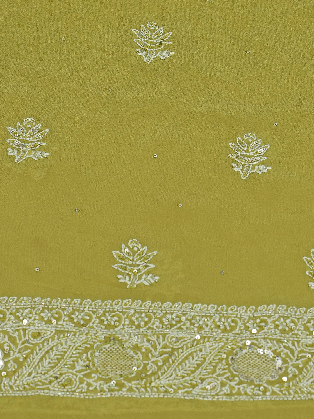 Ada Hand Embroidered Asparagus Green Pure Georgette Lucknowi Chikankari Unstitched Kurta Dupatta Set With Cutdana Work 01A682607
