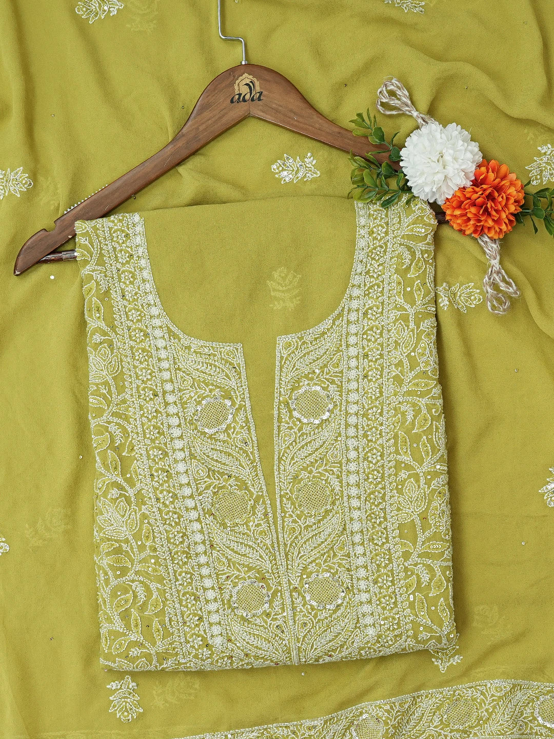 Ada Hand Embroidered Asparagus Green Pure Georgette Lucknowi Chikankari Unstitched Kurta Dupatta Set With Cutdana Work 01A682607