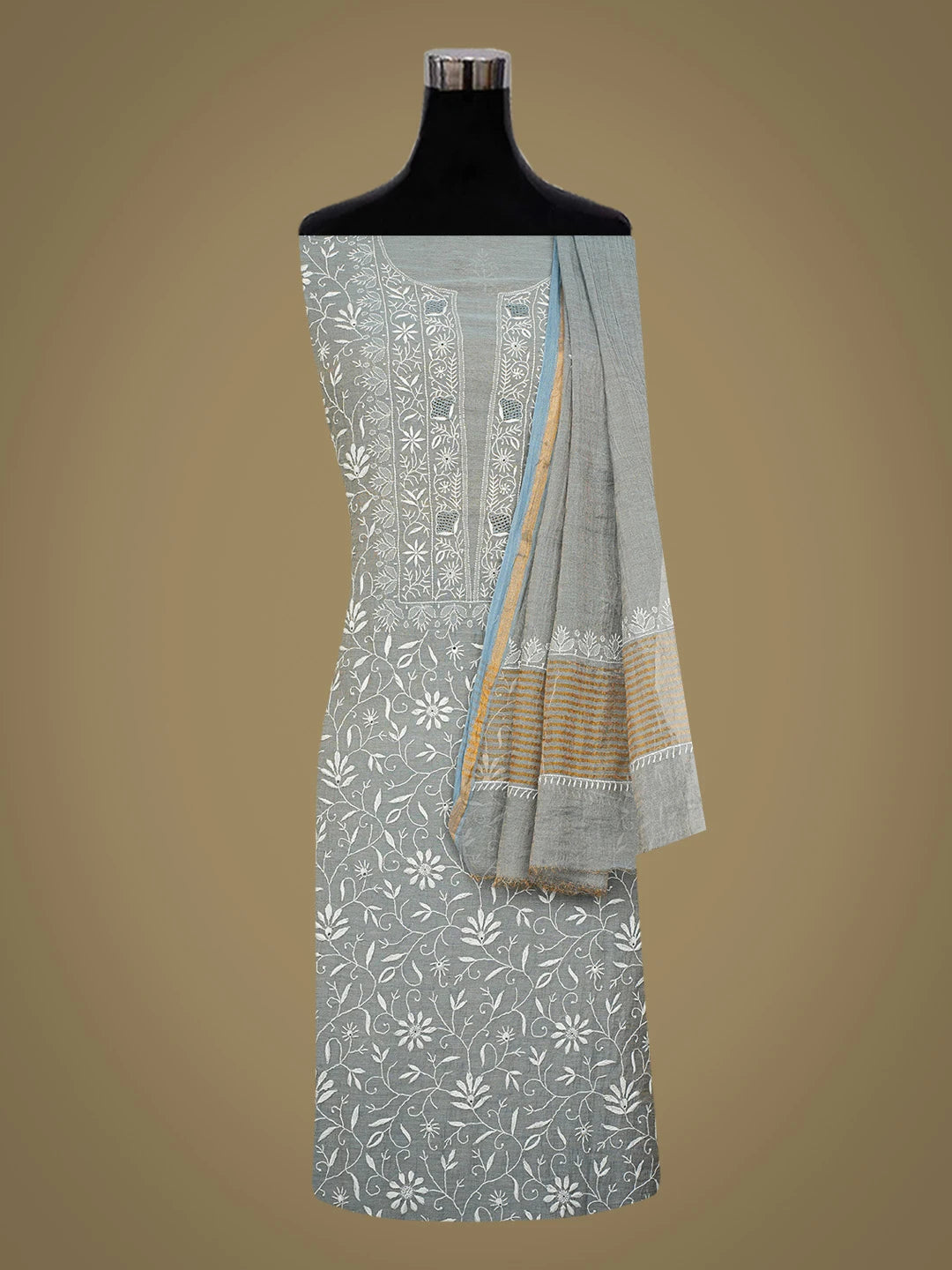 Ada Hand Embroidered Grey Tissue Lucknowi Chikankari Unstitched Kurta Dupatta Set 01A685906