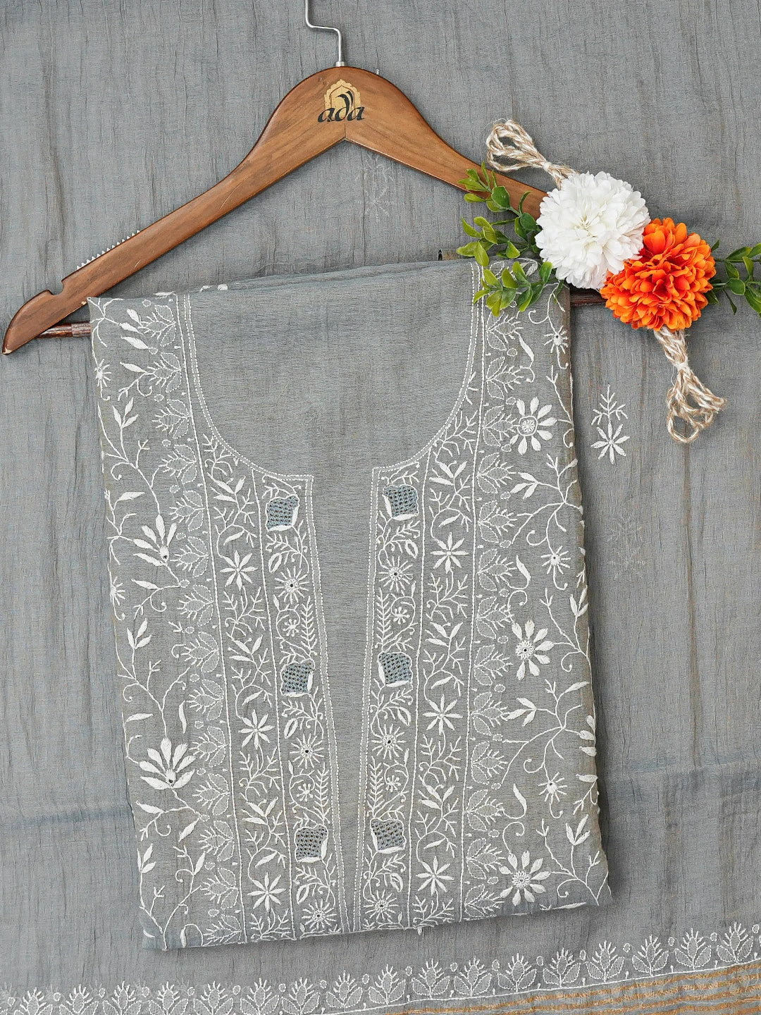 Ada Hand Embroidered Grey Tissue Lucknowi Chikankari Unstitched Kurta Dupatta Set 01A685906