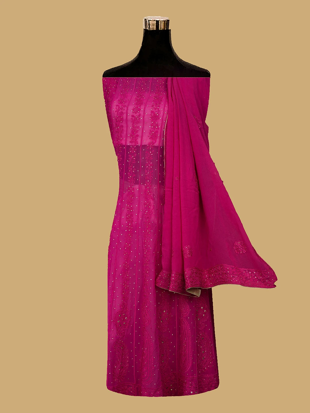 Ada Hand Embroidered Magenta Viscose Georgette Lucknowi Chikankari Semi-Stitched Anarkali Kurta Dupatta Set With Mukaish Work 01A640950