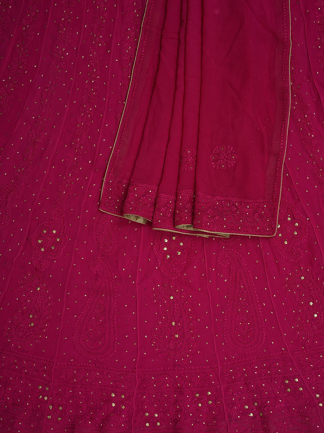 Ada Hand Embroidered Magenta Viscose Georgette Lucknowi Chikankari Semi-Stitched Anarkali Kurta Dupatta Set With Mukaish Work 01A640950