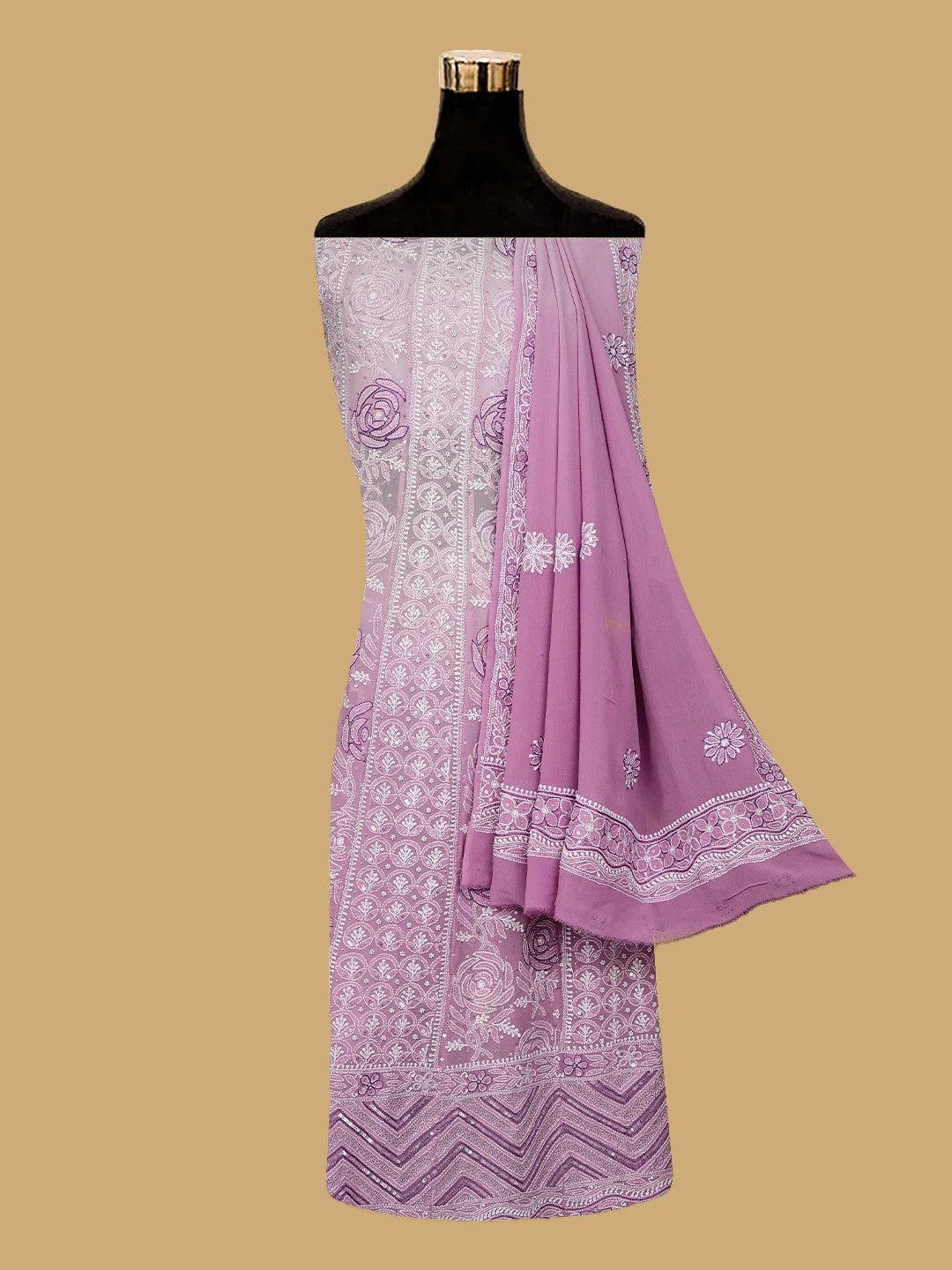 Ada Hand Embroidered Lavender Pure Georgette Lucknowi Chikankari Semi-Stitched Anarkali Kurta Dupatta Set With Pearl Work 01A347655