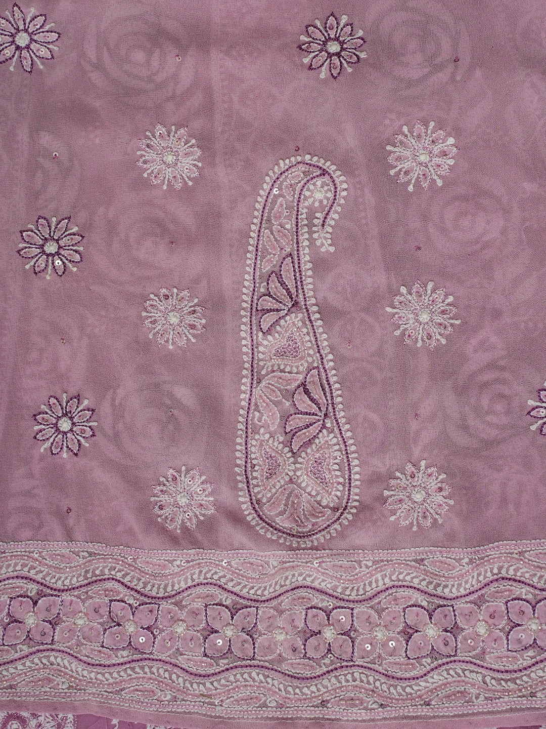 Ada Hand Embroidered Lavender Pure Georgette Lucknowi Chikankari Semi-Stitched Anarkali Kurta Dupatta Set With Pearl Work 01A347655