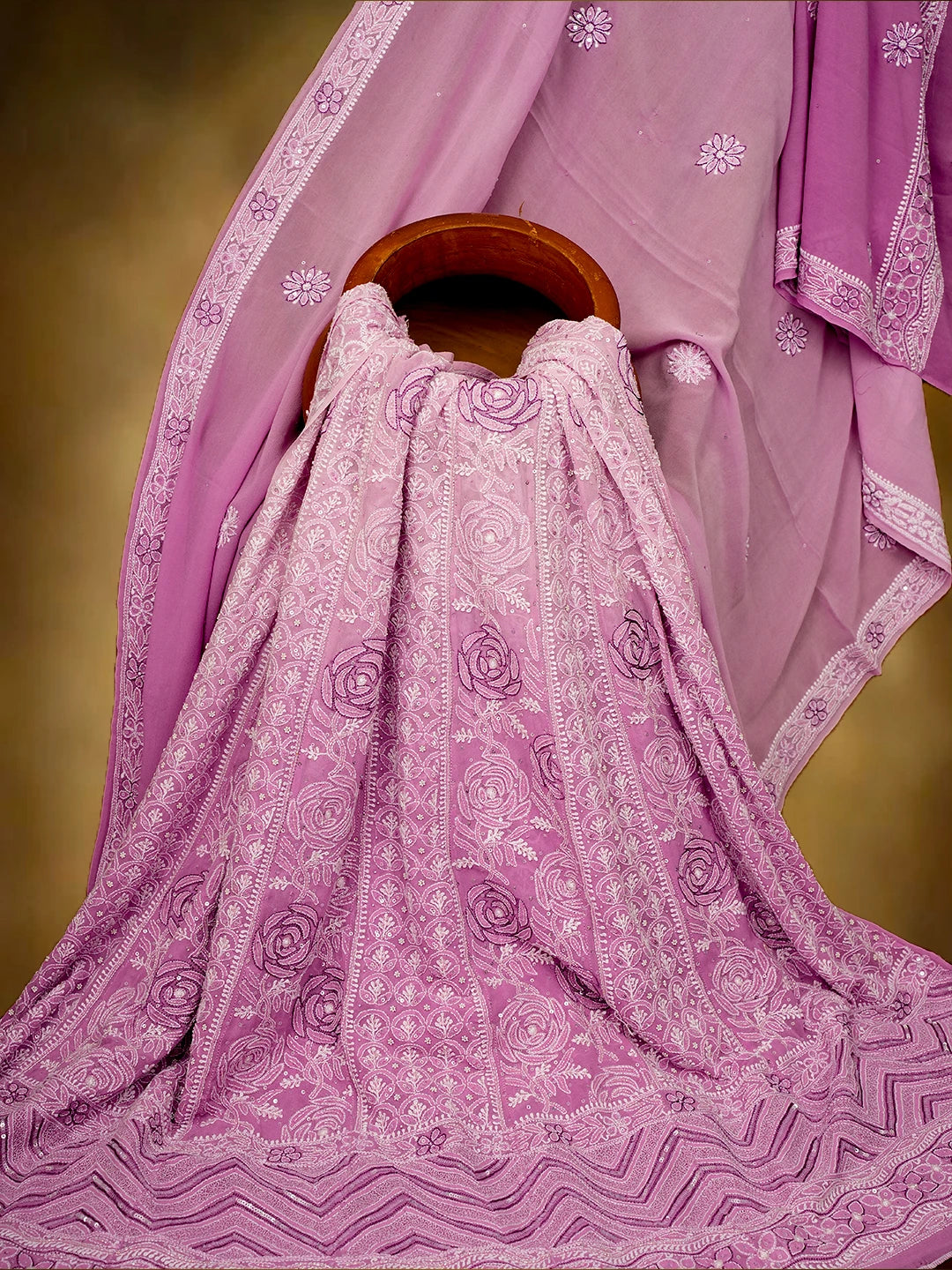 Ada Hand Embroidered Lavender Pure Georgette Lucknowi Chikankari Semi-Stitched Anarkali Kurta Dupatta Set With Pearl Work 01A347655