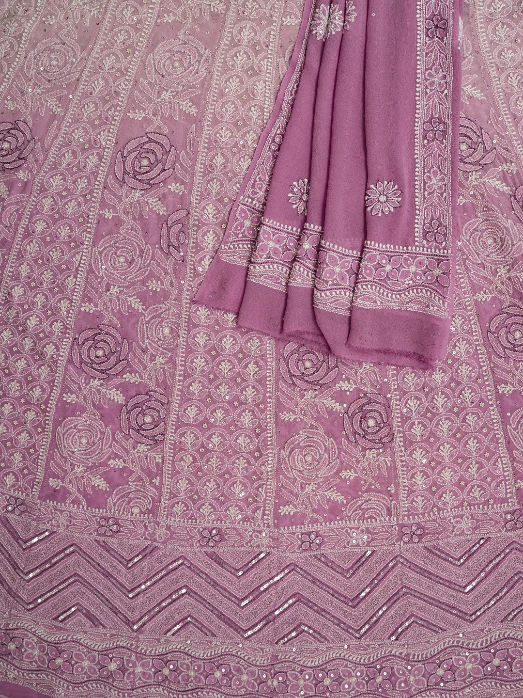 Ada Hand Embroidered Lavender Pure Georgette Lucknowi Chikankari Semi-Stitched Anarkali Kurta Dupatta Set With Pearl Work 01A347655