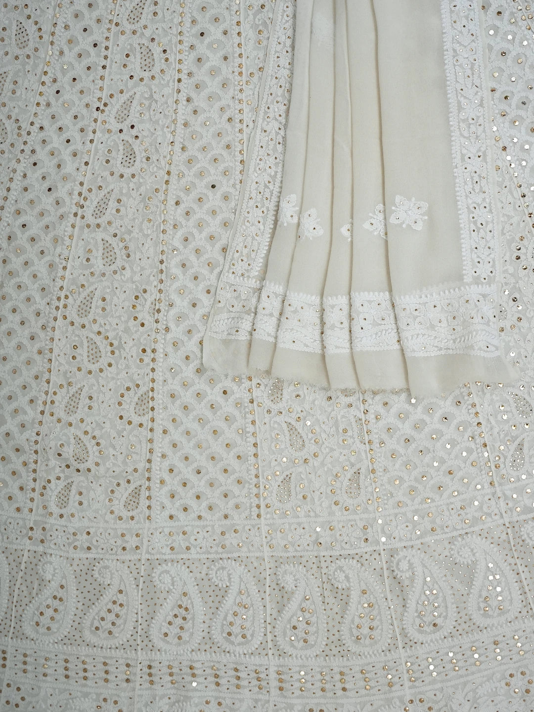 Ada Hand Embroidered White Viscose Georgette Lucknowi Chikankari Semi-Stitched Anarkali Kurta Dupatta Set With Mukaish Work 01A700028
