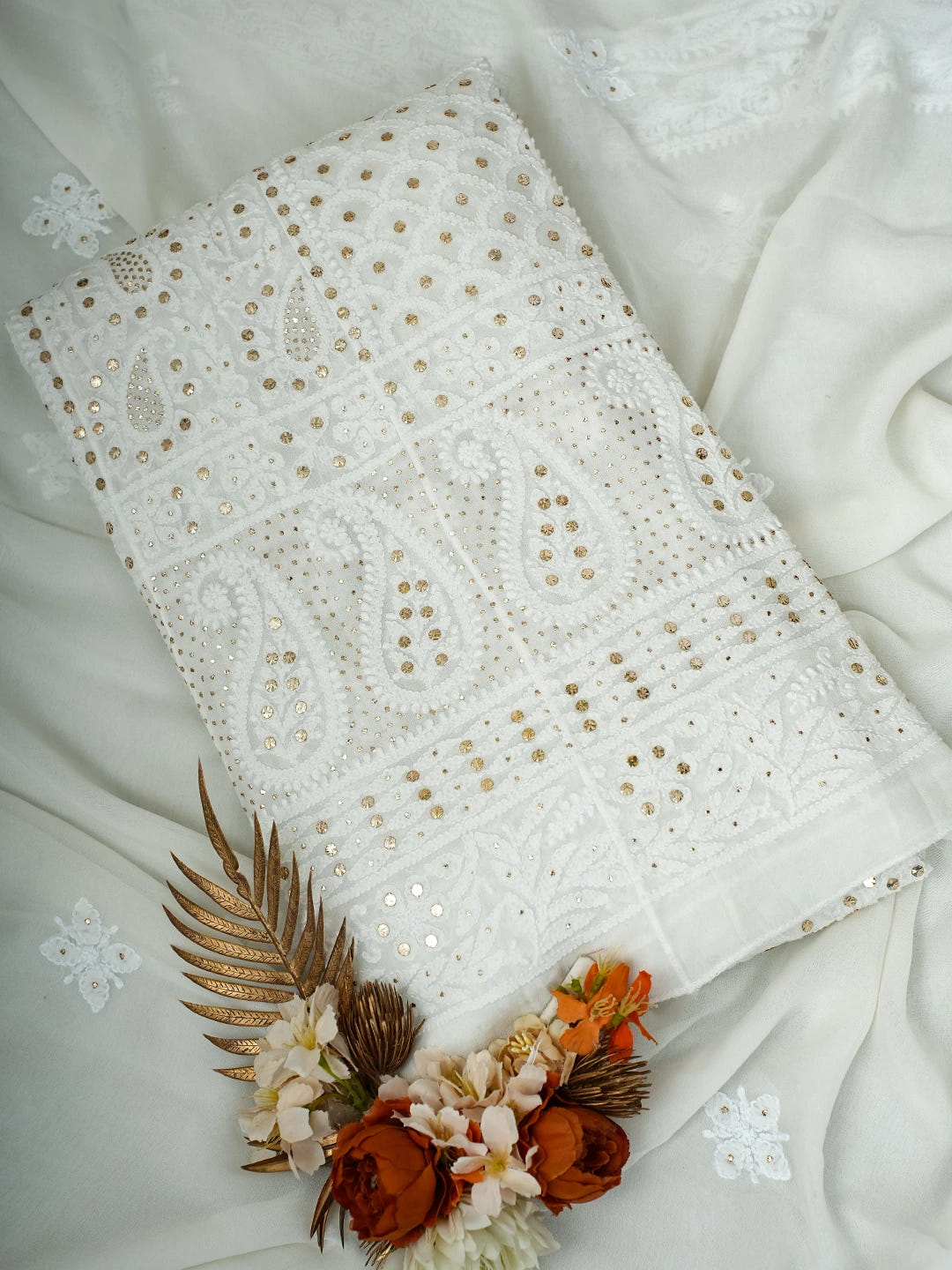Ada Hand Embroidered White Viscose Georgette Lucknowi Chikankari Semi-Stitched Anarkali Kurta Dupatta Set With Mukaish Work 01A700028