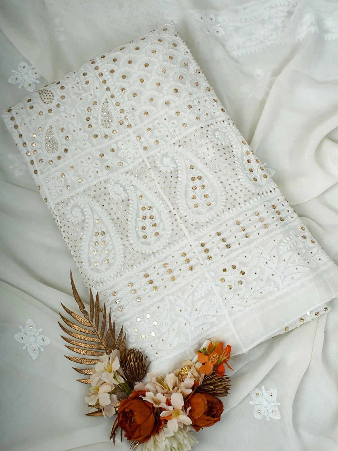 Ada Hand Embroidered White Viscose Georgette Lucknowi Chikankari Semi-Stitched Anarkali Kurta Dupatta Set With Mukaish Work 01A700028
