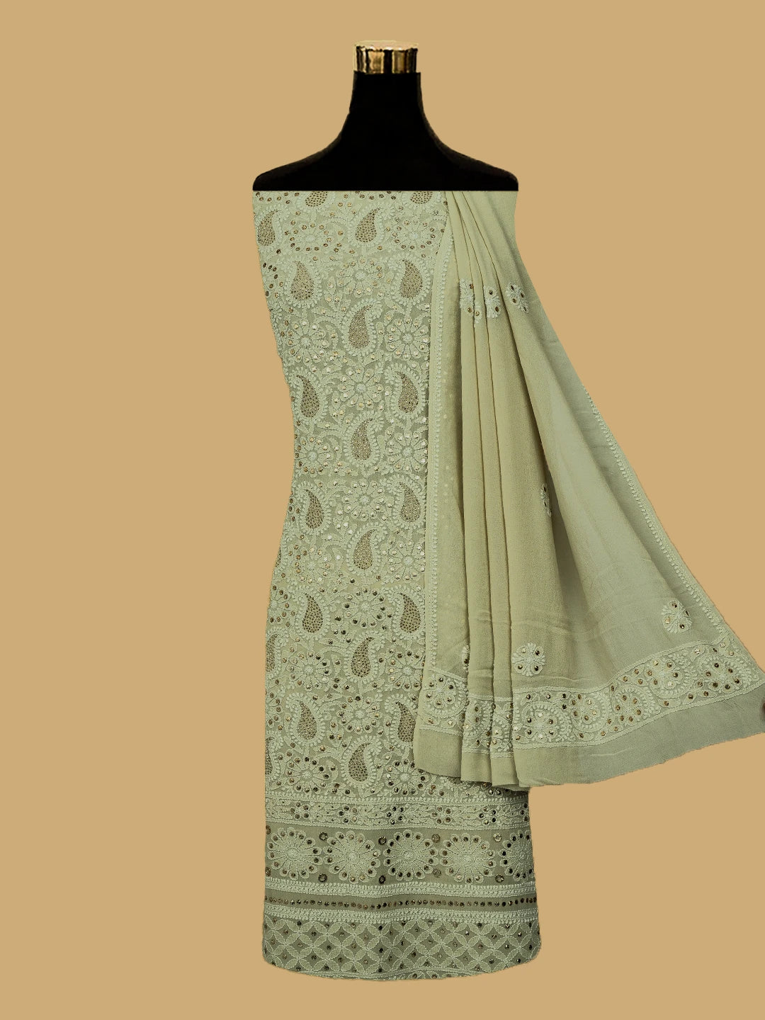 Ada Hand Embroidered Pista Green Pure Georgette Lucknowi Chikankari Unstitched Kurta Dupatta Set With Mukaish Work 01A554808