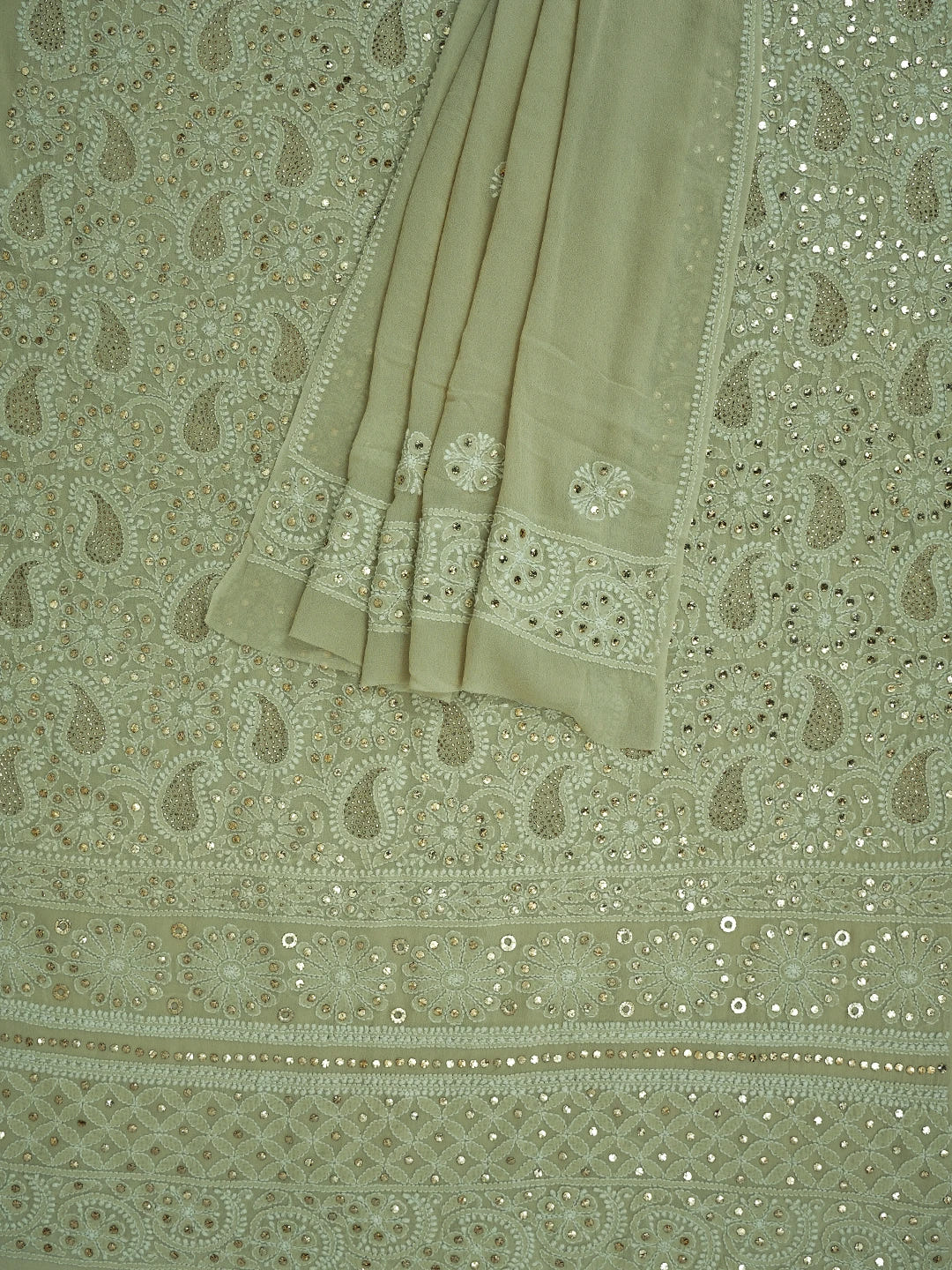 Ada Hand Embroidered Pista Green Pure Georgette Lucknowi Chikankari Unstitched Kurta Dupatta Set With Mukaish Work 01A554808