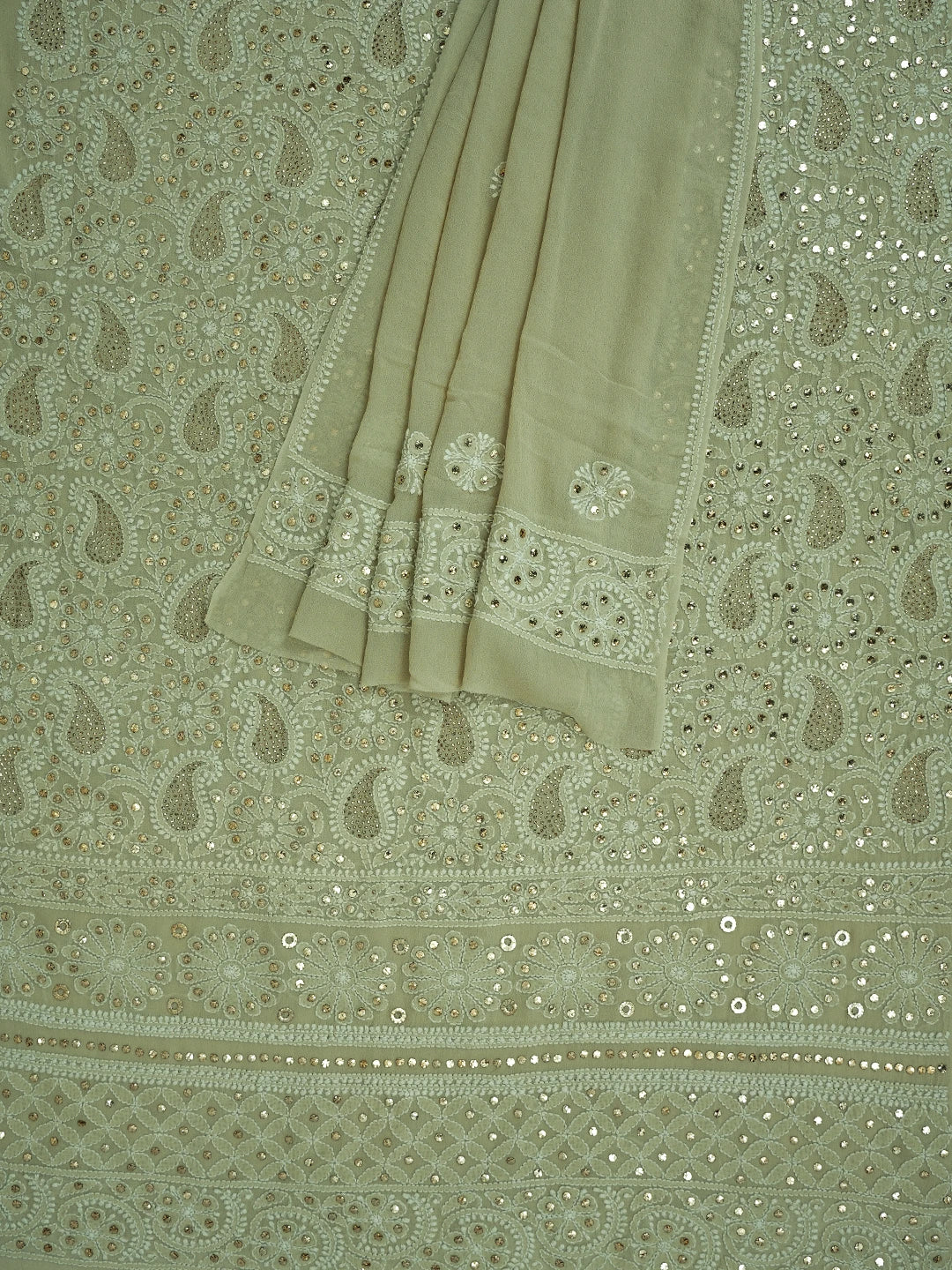 Ada Hand Embroidered Pista Green Pure Georgette Lucknowi Chikankari Unstitched Kurta Dupatta Set With Mukaish Work 01A554808