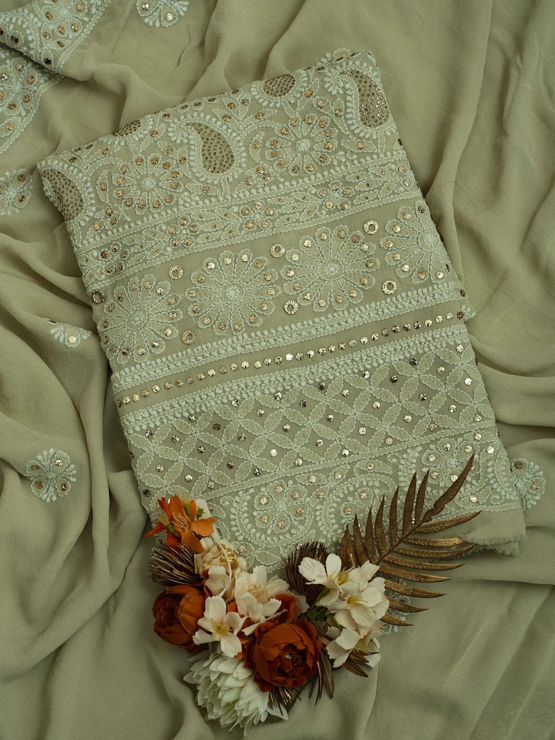 Ada Hand Embroidered Pista Green Pure Georgette Lucknowi Chikankari Unstitched Kurta Dupatta Set With Mukaish Work 01A554808
