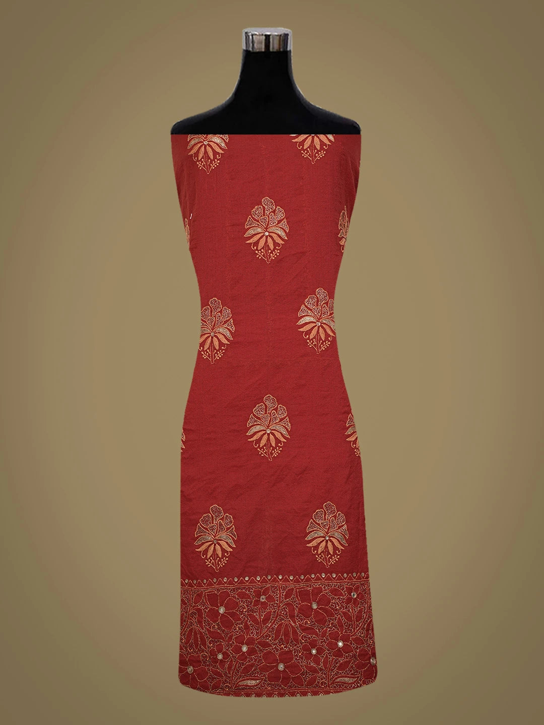 Ada Hand Embroidered Maroon Tissue Lucknowi Chikankari Unstitched Kurta Dupatta Set With Zari Work 01A185539