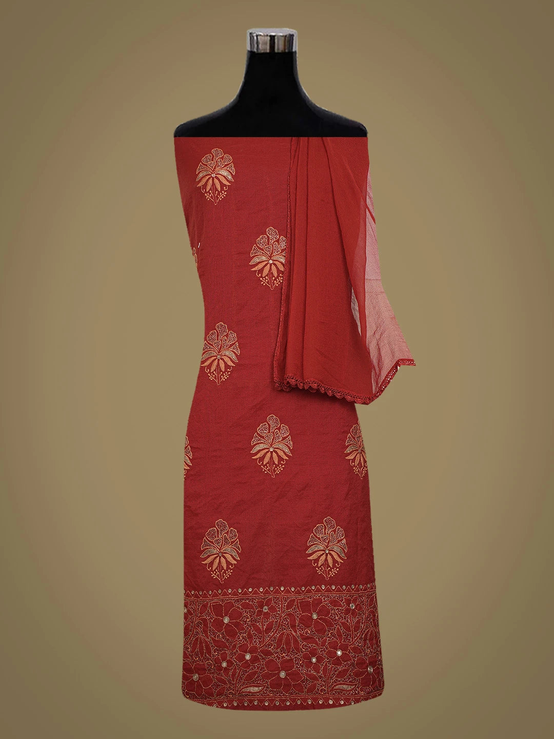 Ada Hand Embroidered Maroon Tissue Lucknowi Chikankari Unstitched Kurta Dupatta Set With Zari Work 01A185539