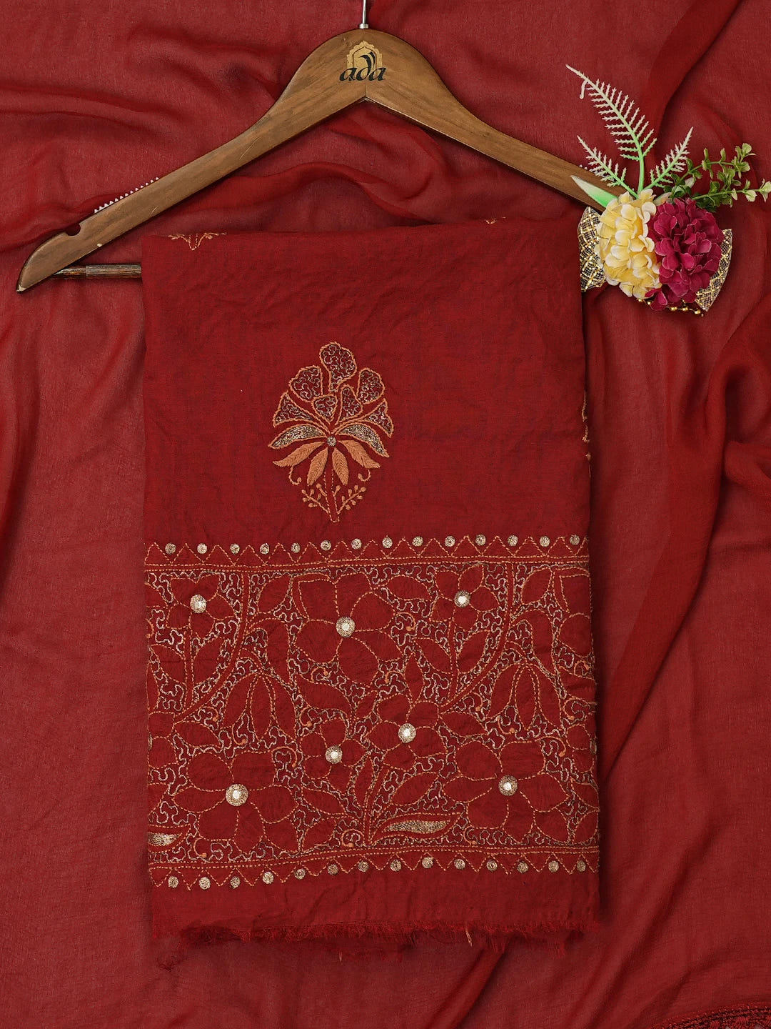 Ada Hand Embroidered Maroon Tissue Lucknowi Chikankari Unstitched Kurta Dupatta Set With Zari Work 01A185539