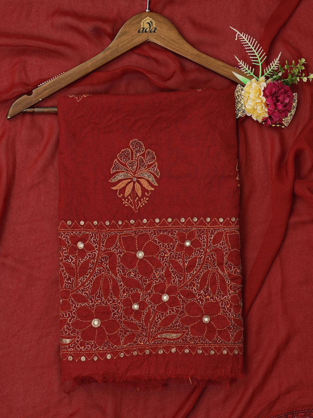 Ada Hand Embroidered Maroon Tissue Lucknowi Chikankari Unstitched Kurta Dupatta Set With Zari Work 01A185539