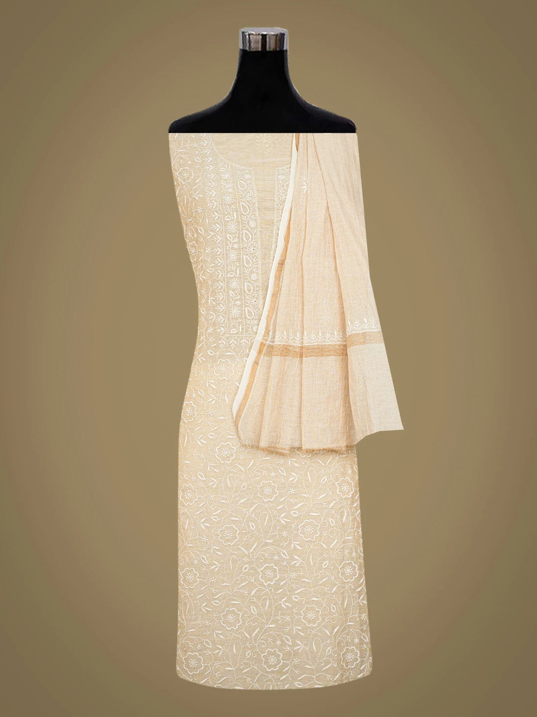 Ada Hand Embroidered Fawn Tissue Lucknowi Chikankari Unstitched Kurta Dupatta Set 01A630040