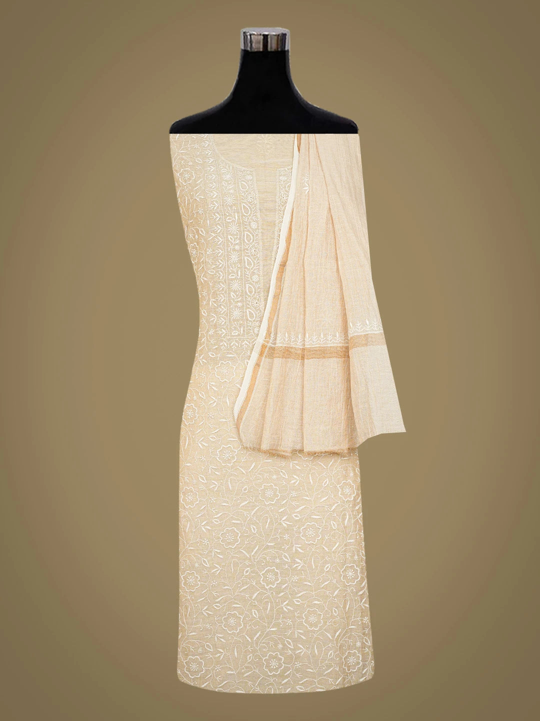Ada Hand Embroidered Fawn Tissue Lucknowi Chikankari Unstitched Kurta Dupatta Set 01A630040