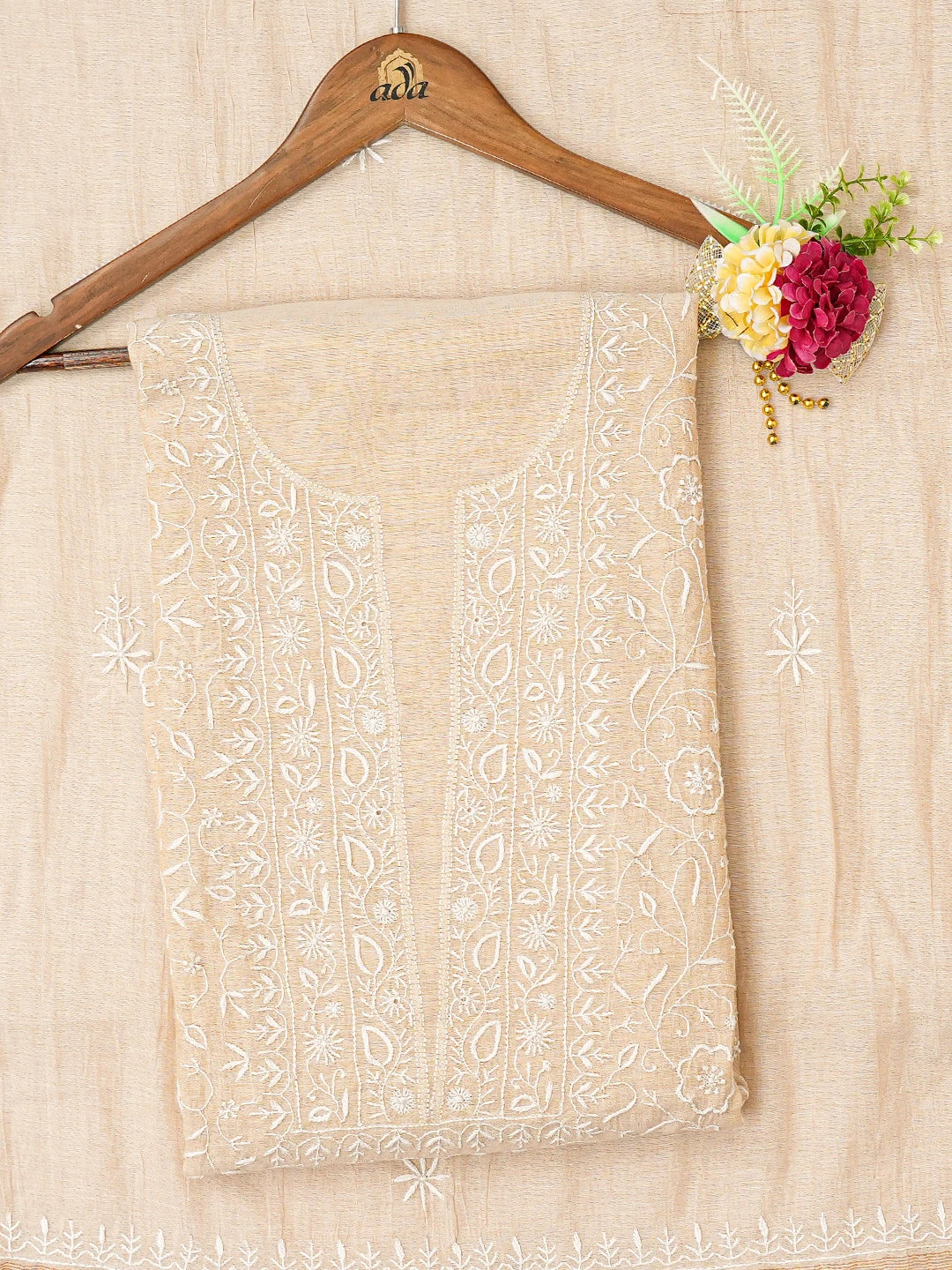 Ada Hand Embroidered Fawn Tissue Lucknowi Chikankari Unstitched Kurta Dupatta Set 01A630040