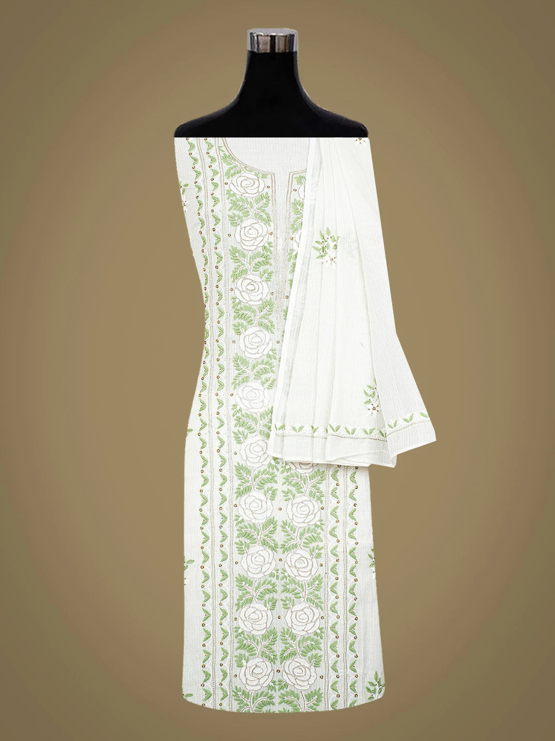 Ada Hand Embroidered White Chanderi Lucknowi Chikankari Unstitched Kurta Dupatta Set With Cutdana Work 01A517010