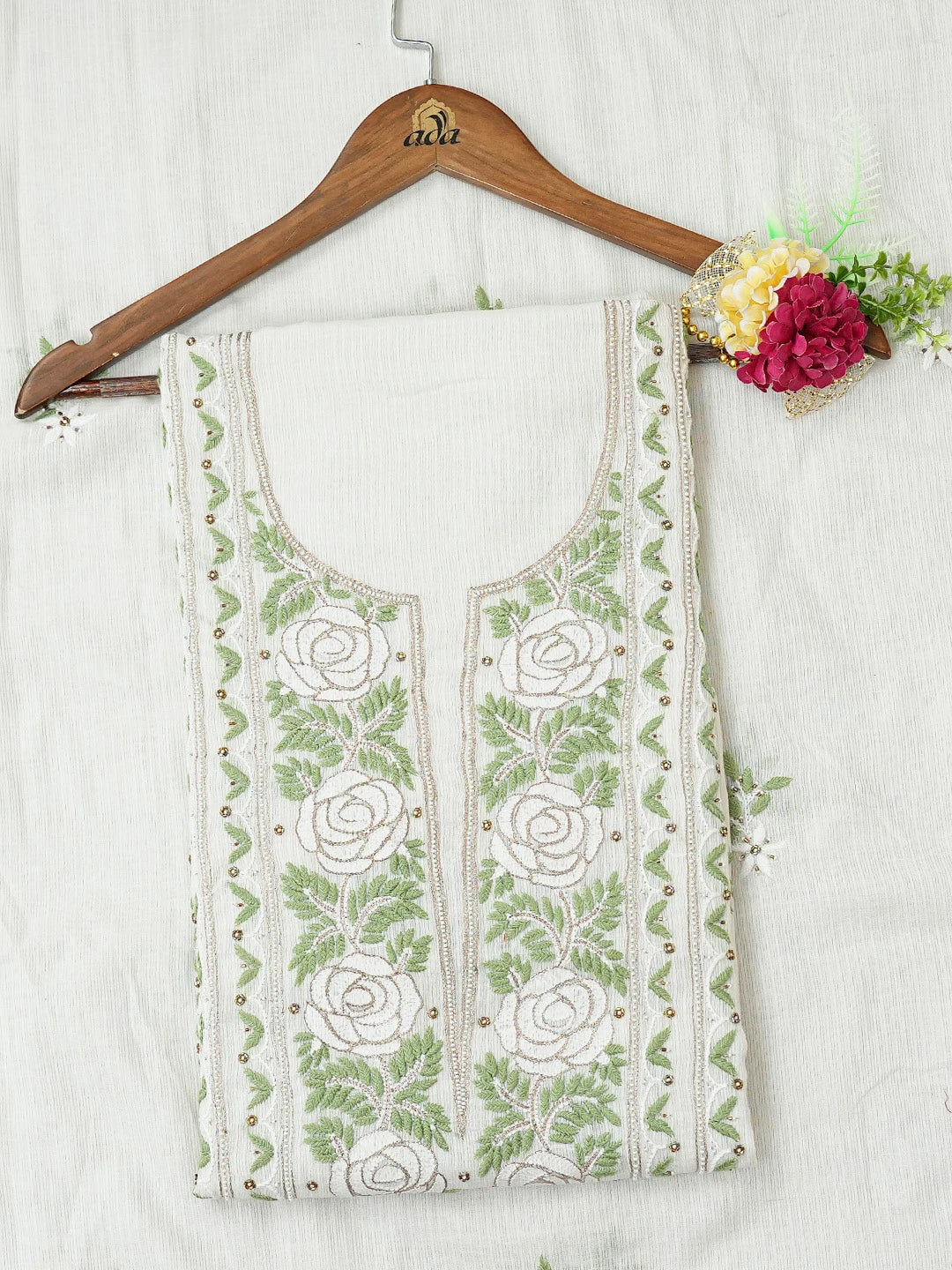 Ada Hand Embroidered White Chanderi Lucknowi Chikankari Unstitched Kurta Dupatta Set With Cutdana Work 01A517010