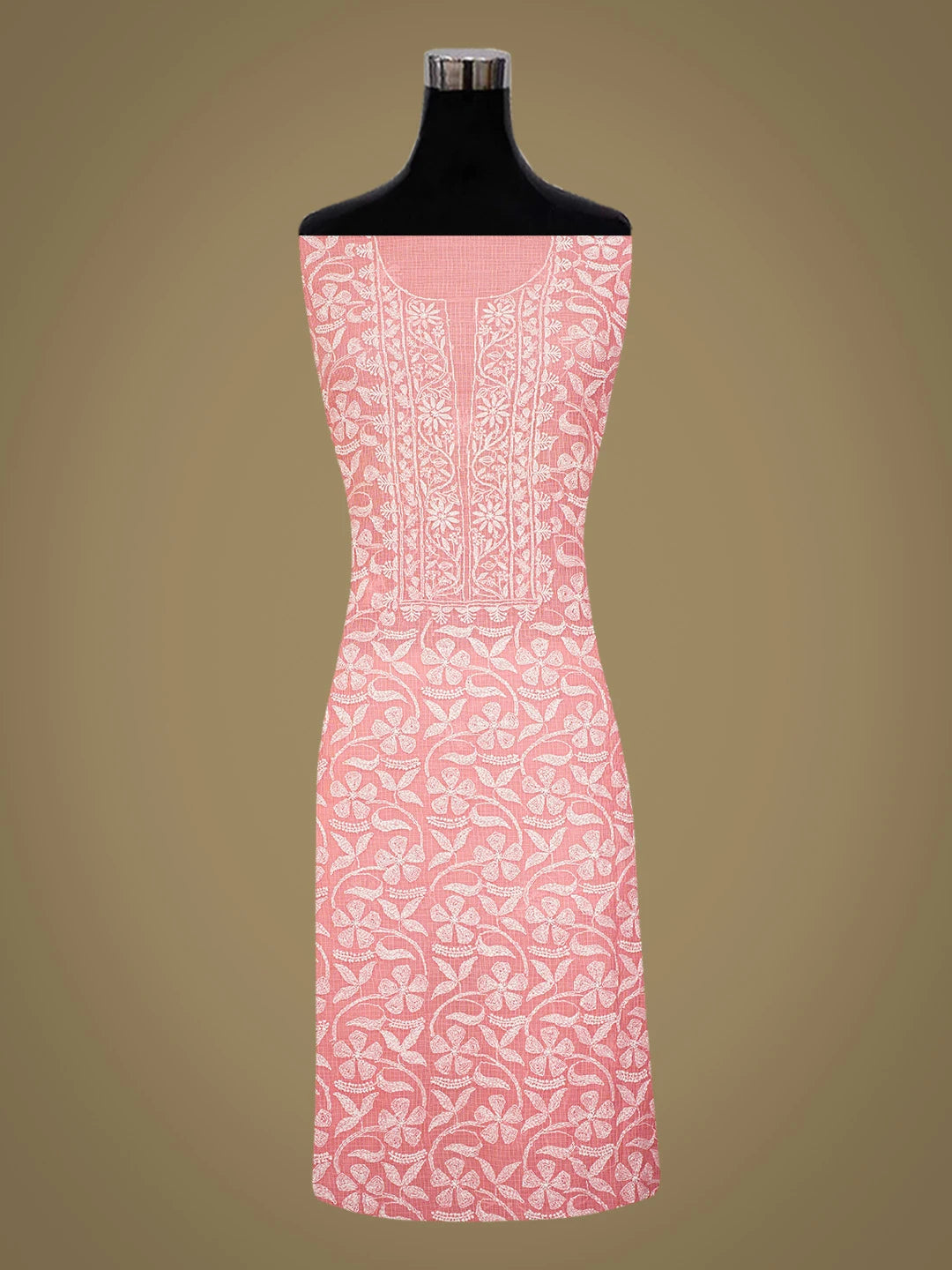 Ada Hand Embroidered Carrot Pink Kota Lucknowi Chikankari Unstitched Kurta Dupatta Set 01A669967