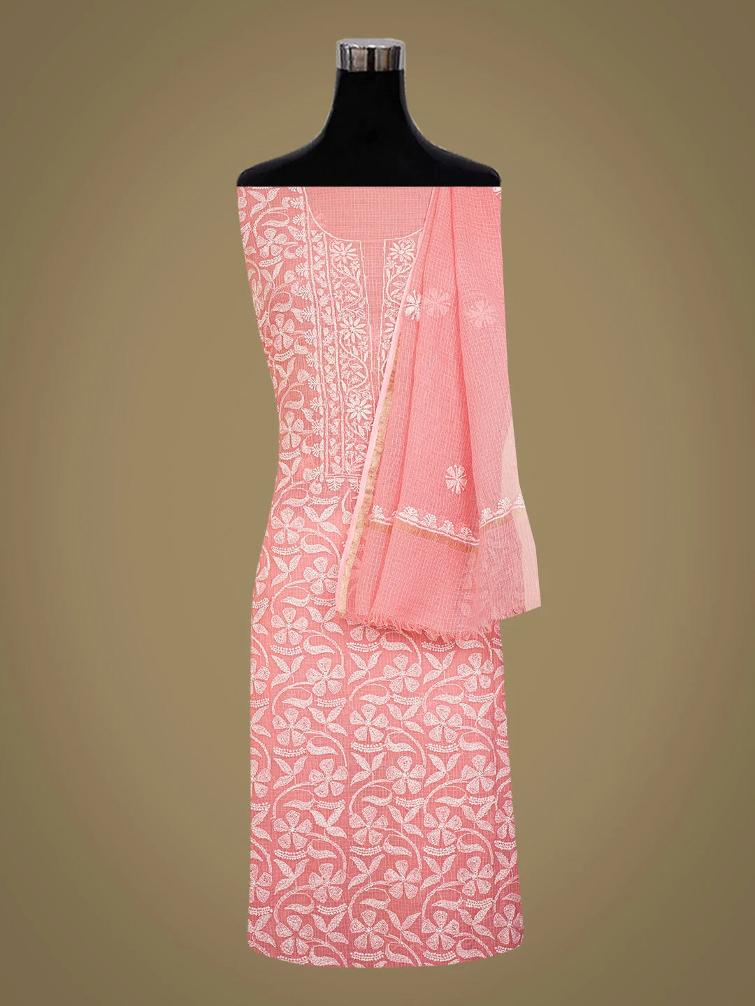 Ada Hand Embroidered Carrot Pink Kota Lucknowi Chikankari Unstitched Kurta Dupatta Set 01A669967