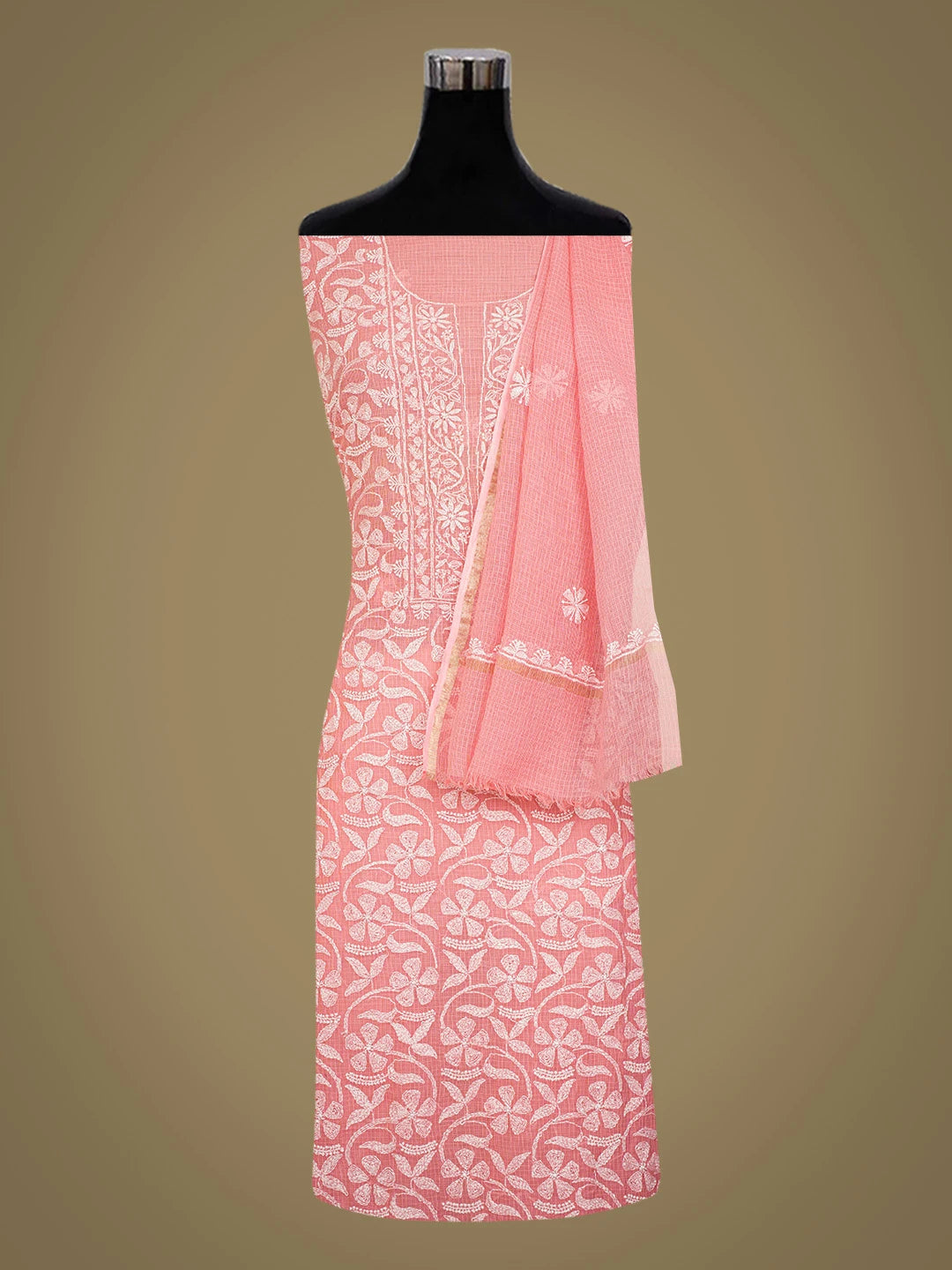Ada Hand Embroidered Carrot Pink Kota Lucknowi Chikankari Unstitched Kurta Dupatta Set 01A669967