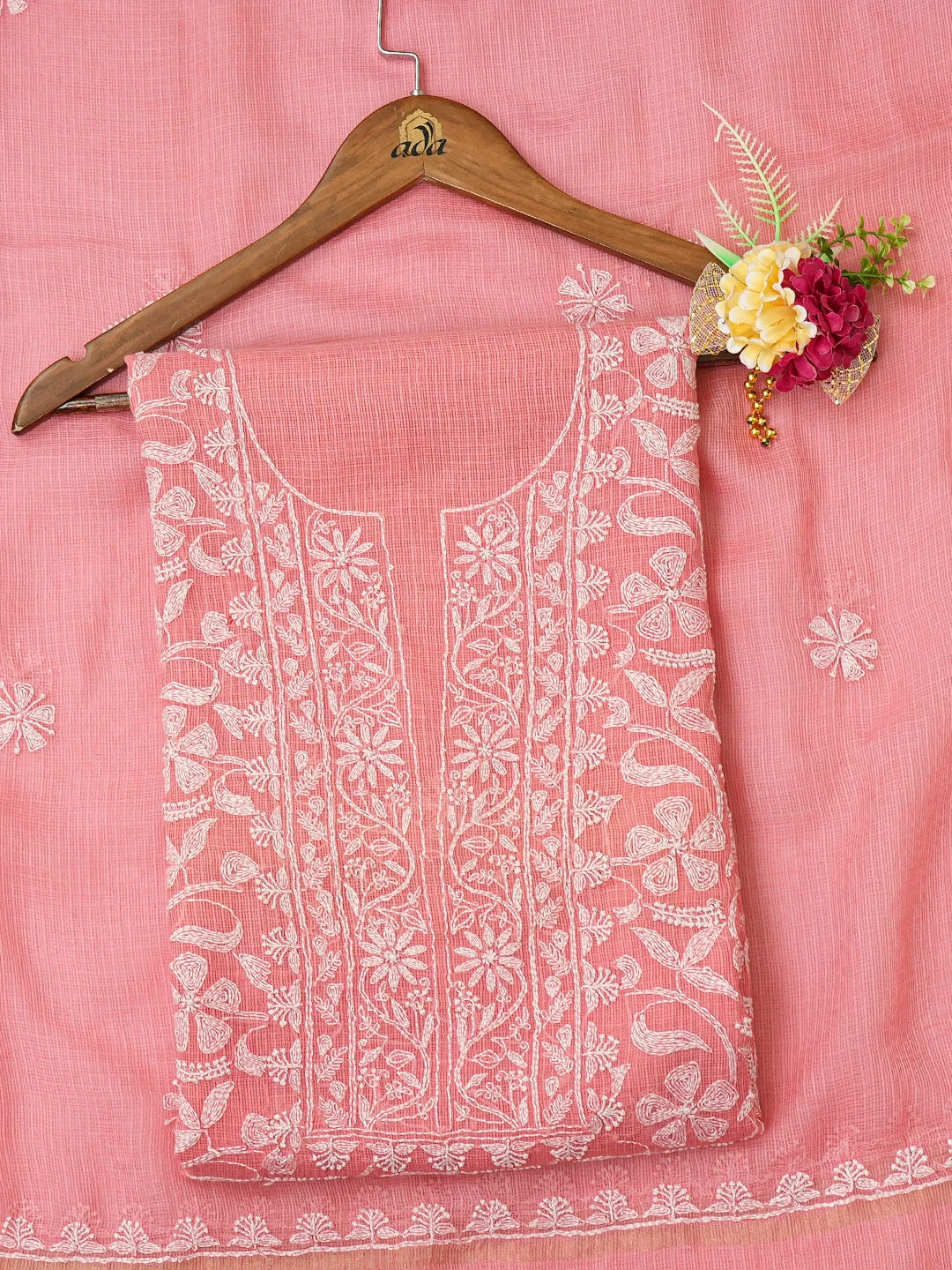 Ada Hand Embroidered Carrot Pink Kota Lucknowi Chikankari Unstitched Kurta Dupatta Set 01A669967