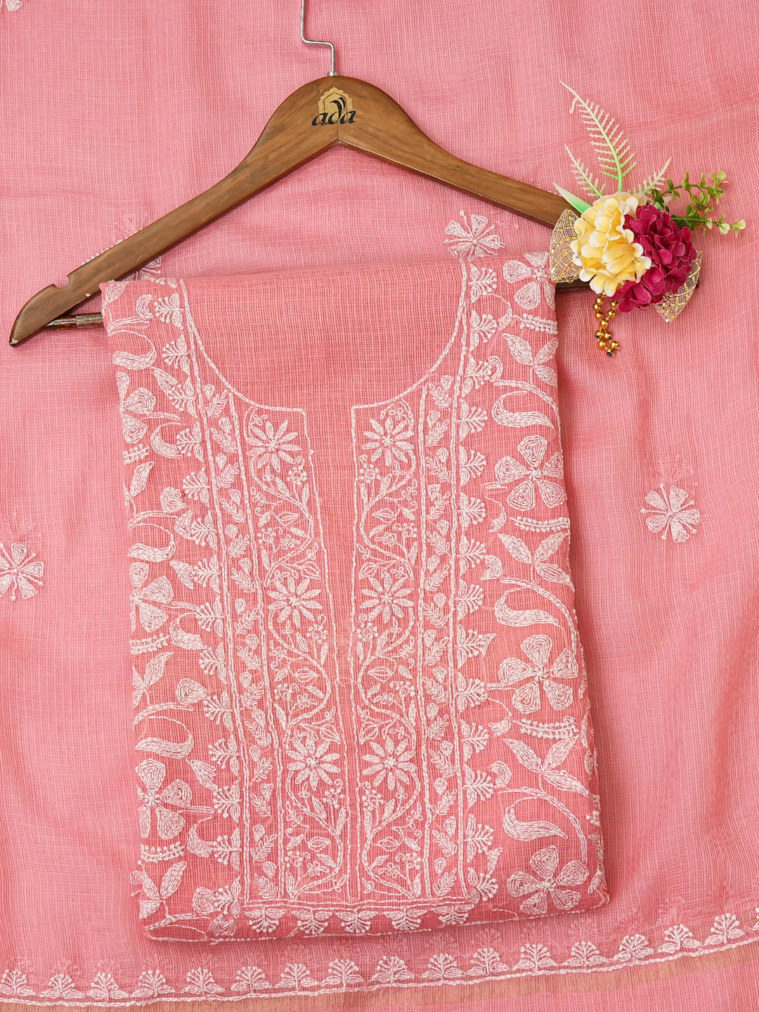 Ada Hand Embroidered Carrot Pink Kota Lucknowi Chikankari Unstitched Kurta Dupatta Set 01A669967